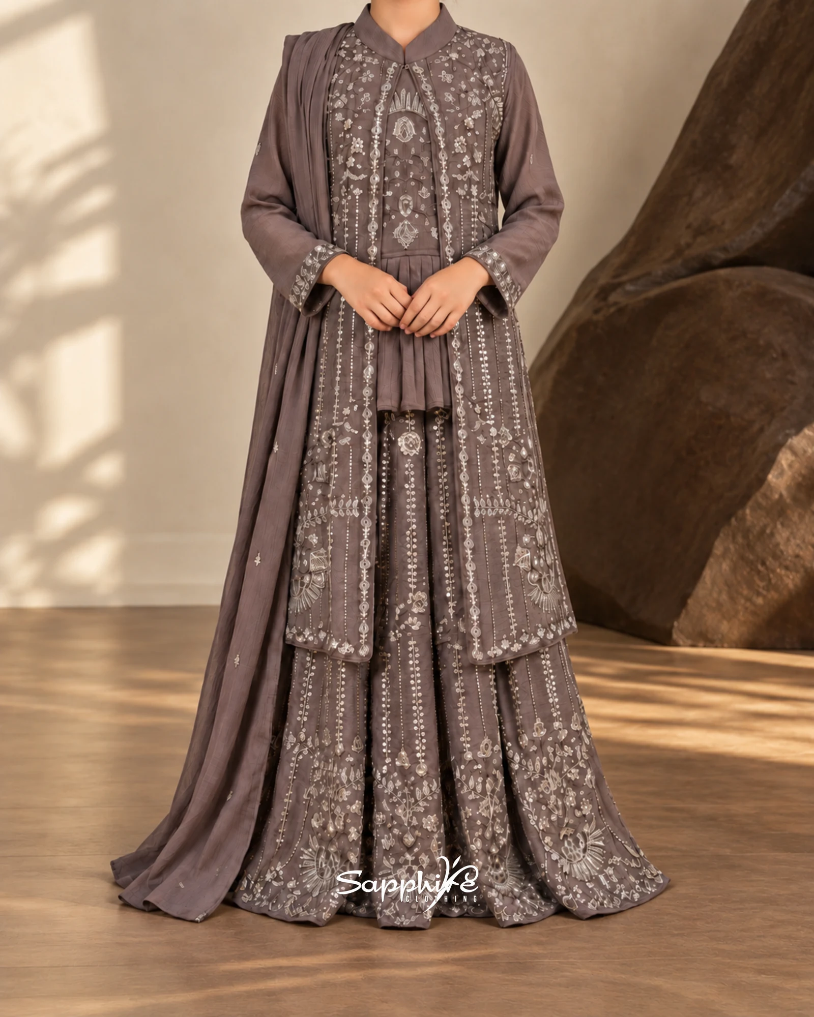 Mocha Noor Layered Embellished Sharara Set detail 1