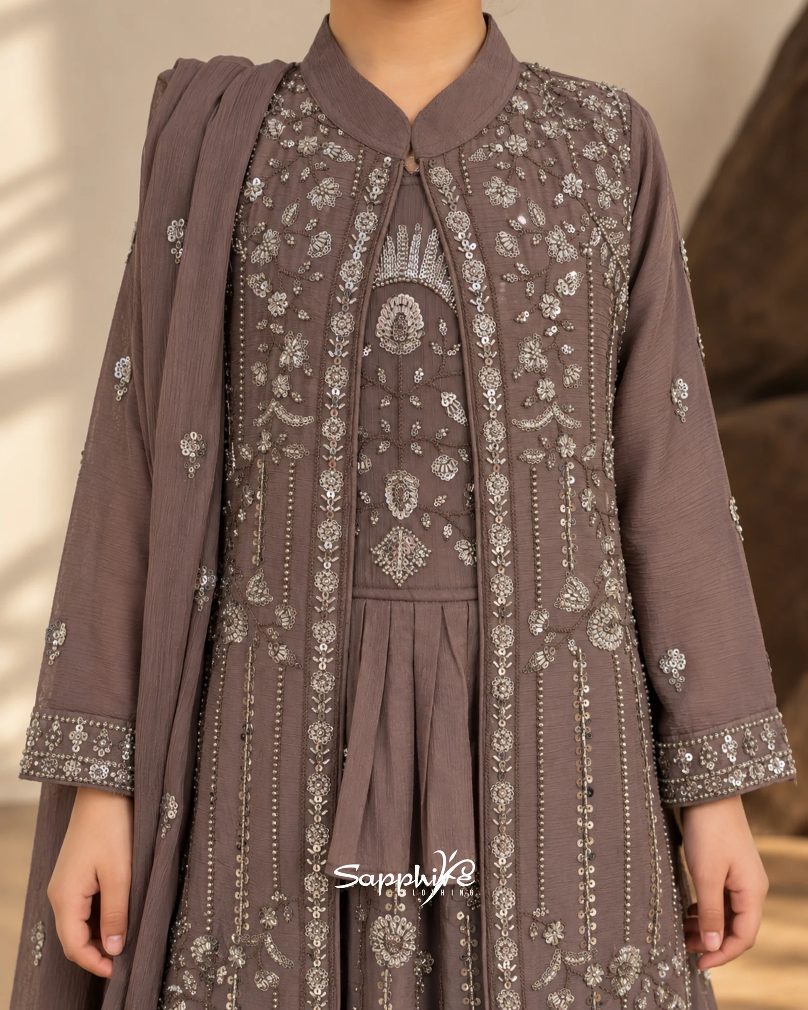 Mocha Noor Layered Embellished Sharara Set detail 2