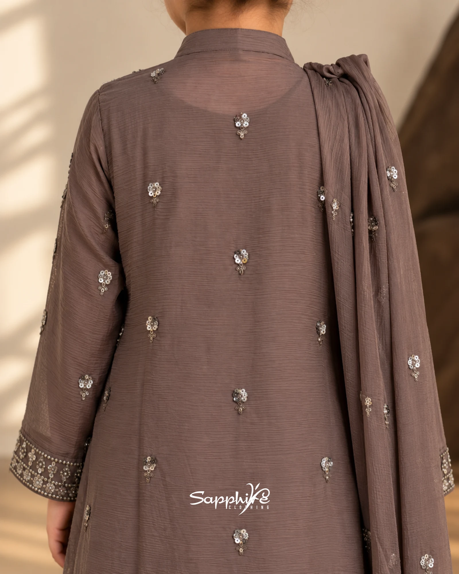 Mocha Noor Layered Embellished Sharara Set detail 3