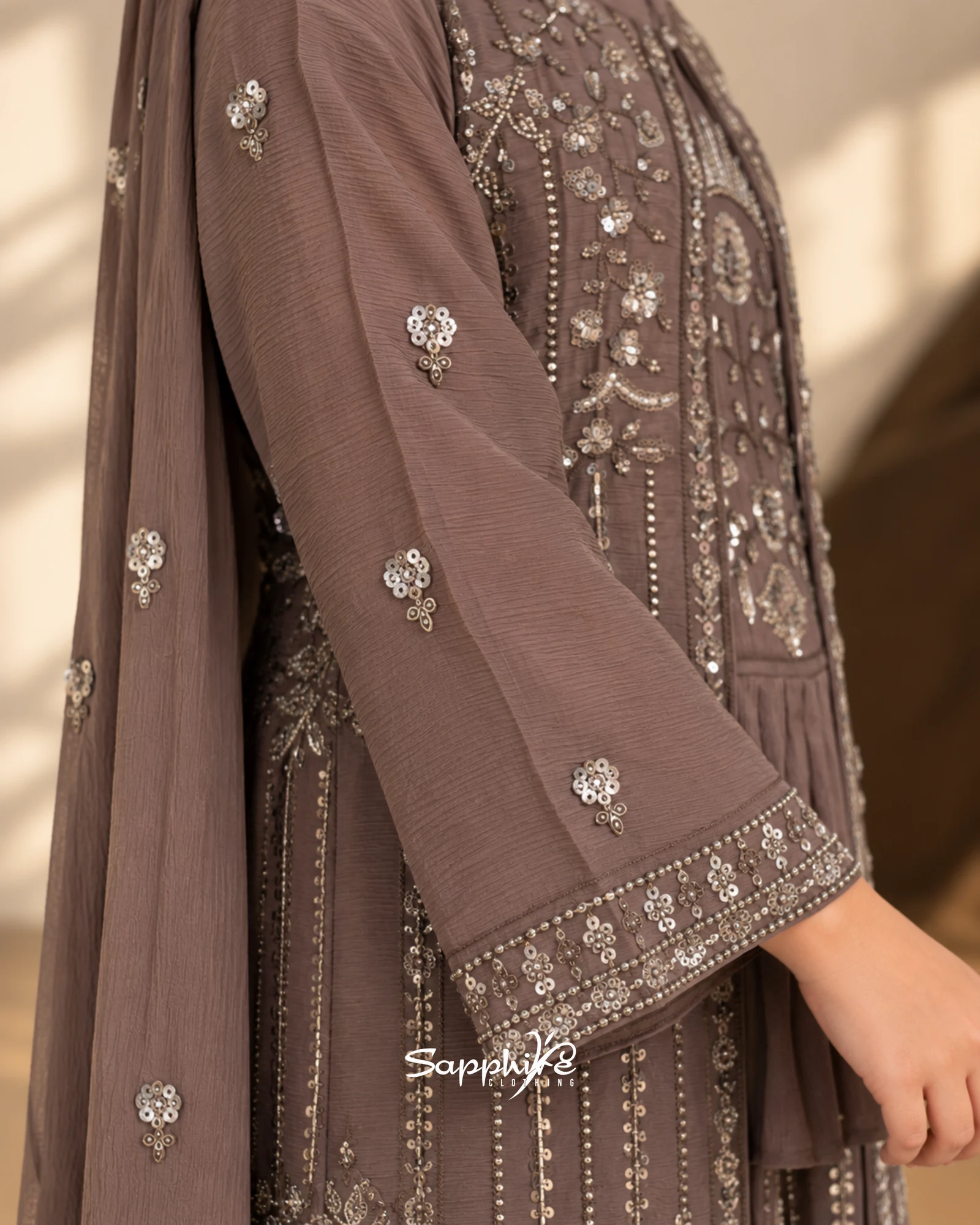Mocha Noor Layered Embellished Sharara Set detail 4