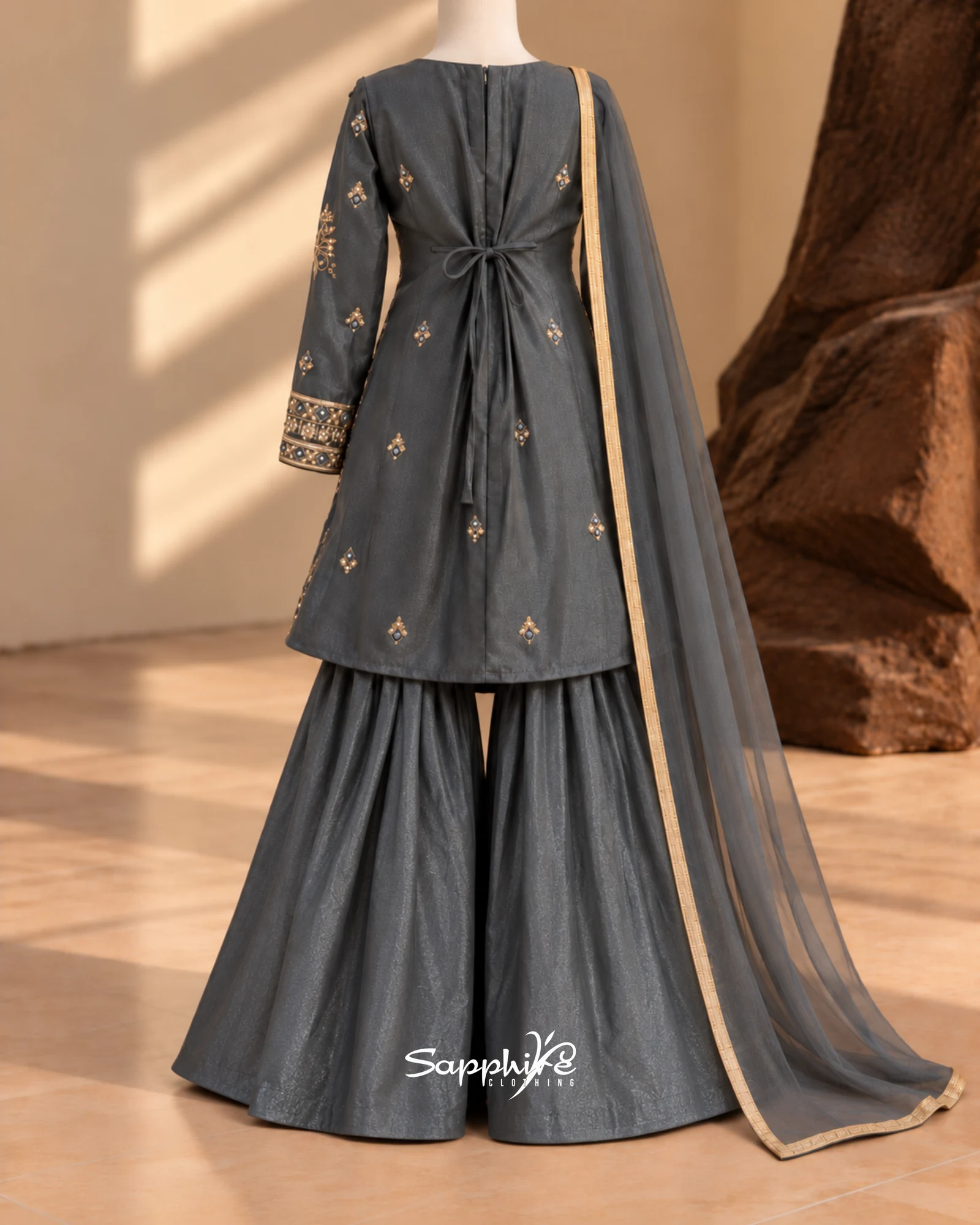 Charcoal Zariya Gold Gharara Set detail 1