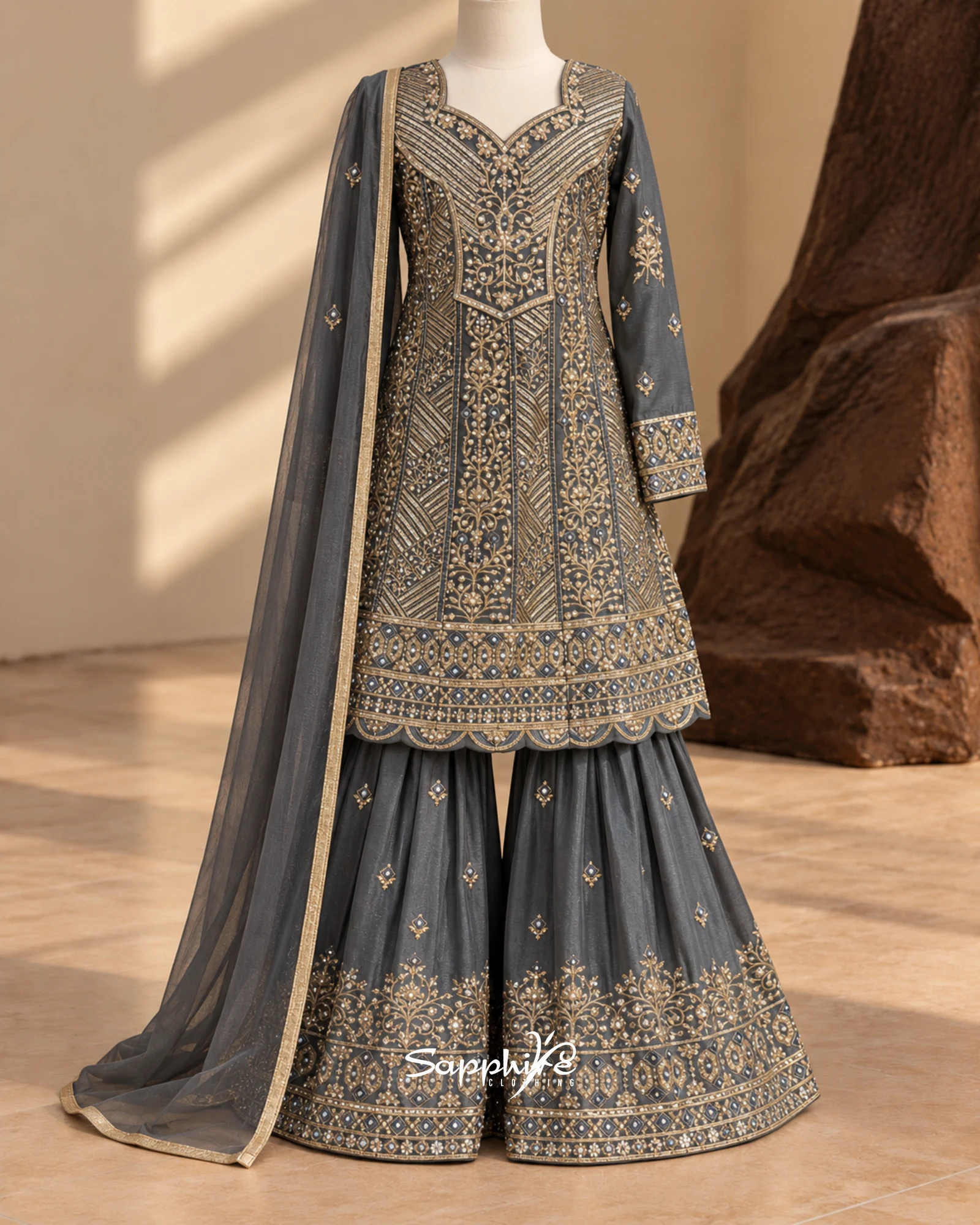 Charcoal Zariya Gold Gharara Set detail 2