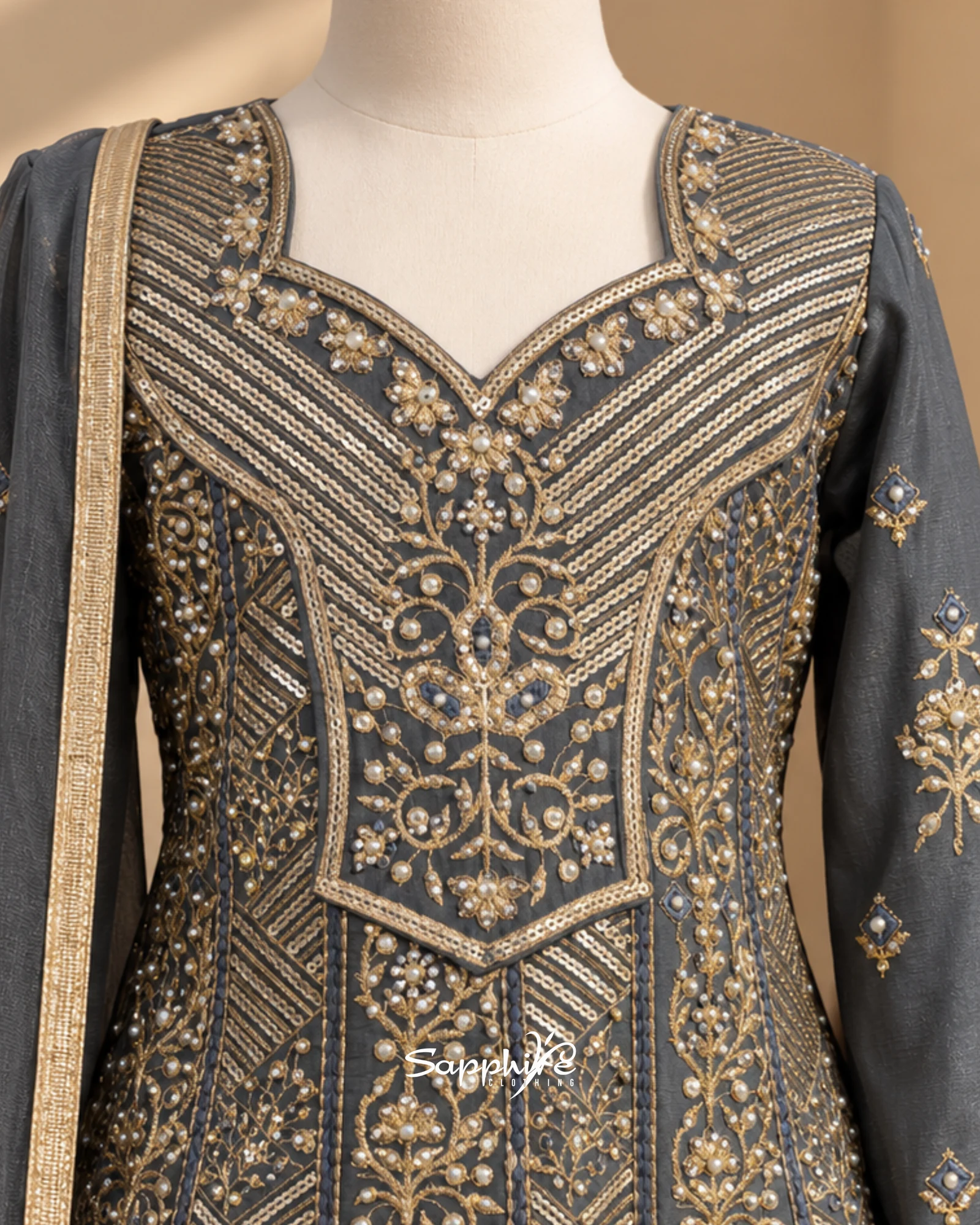 Charcoal Zariya Gold Gharara Set detail 3