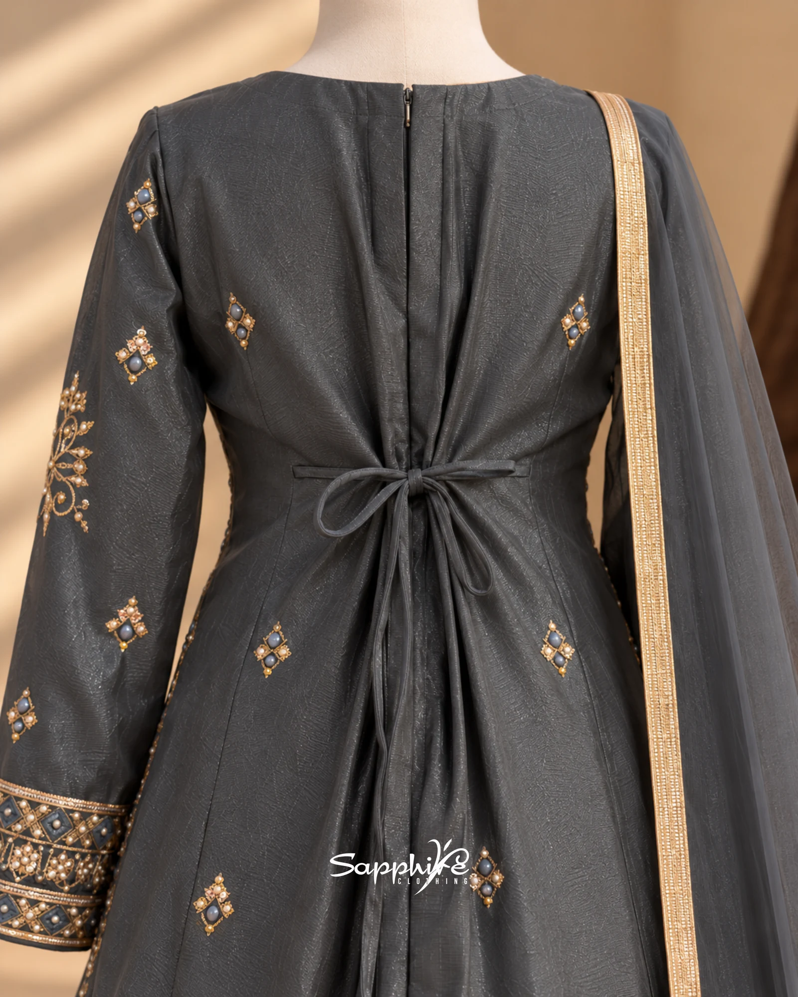 Charcoal Zariya Gold Gharara Set detail 4