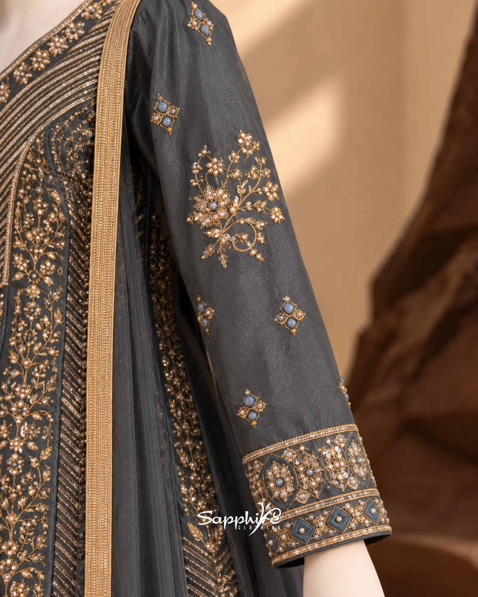 Charcoal Zariya Gold Gharara Set detail 5