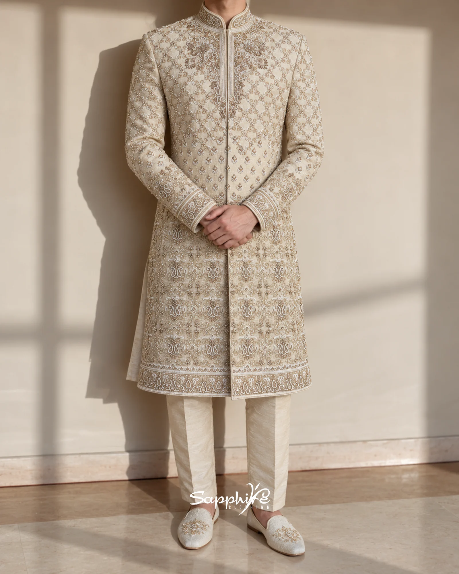 Ivory Sovereign groom sherwani in Sapphire Clothing Blackburn menswear collection