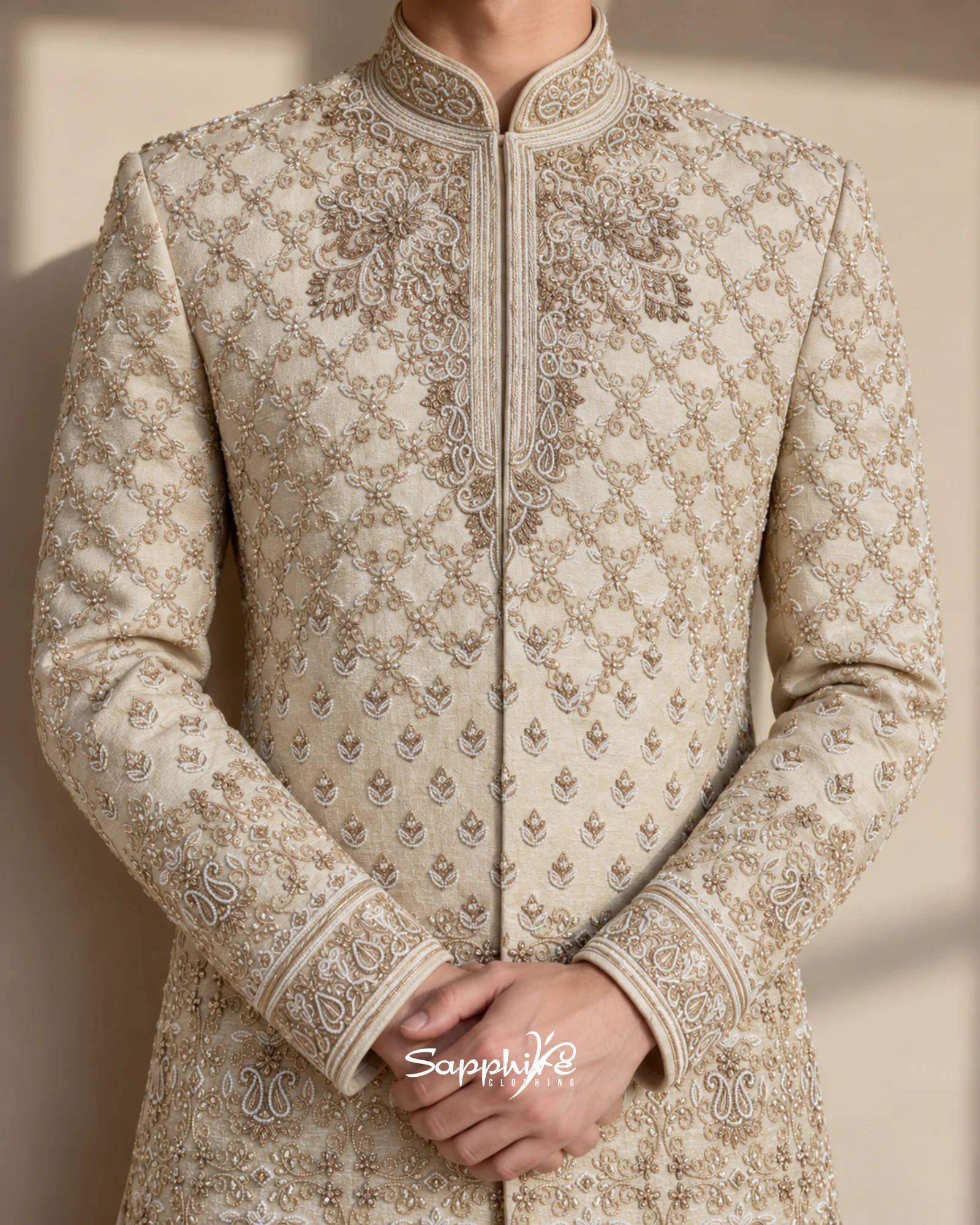 Ivory Sovereign Embroidered Groom Sherwani Set detail 3