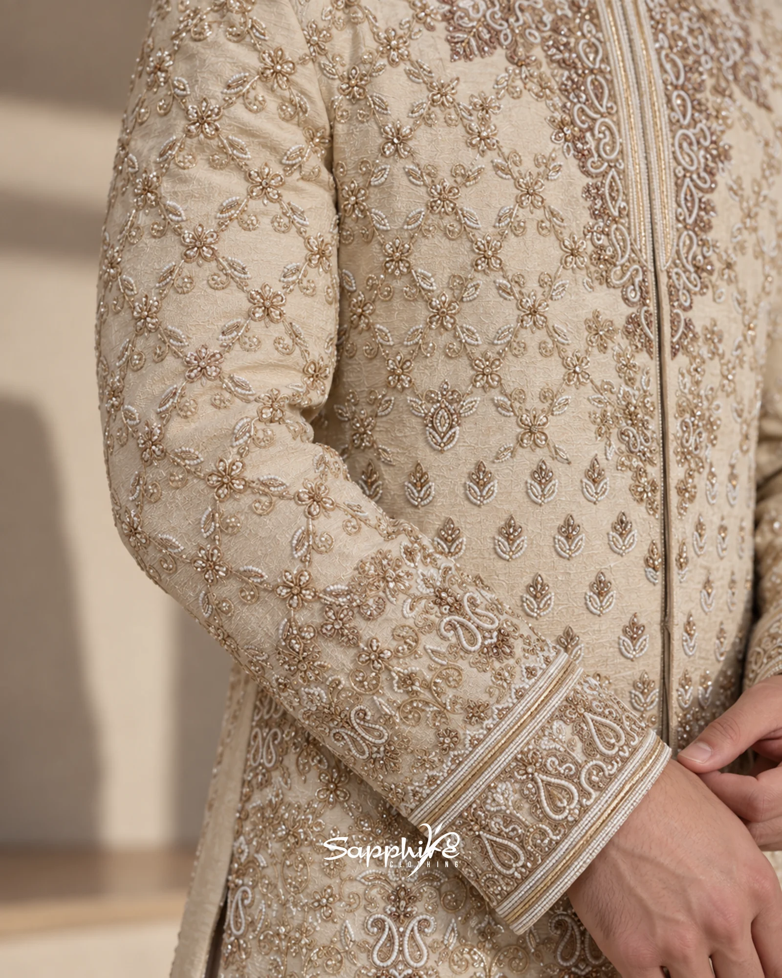 Ivory Sovereign Embroidered Groom Sherwani Set detail 5