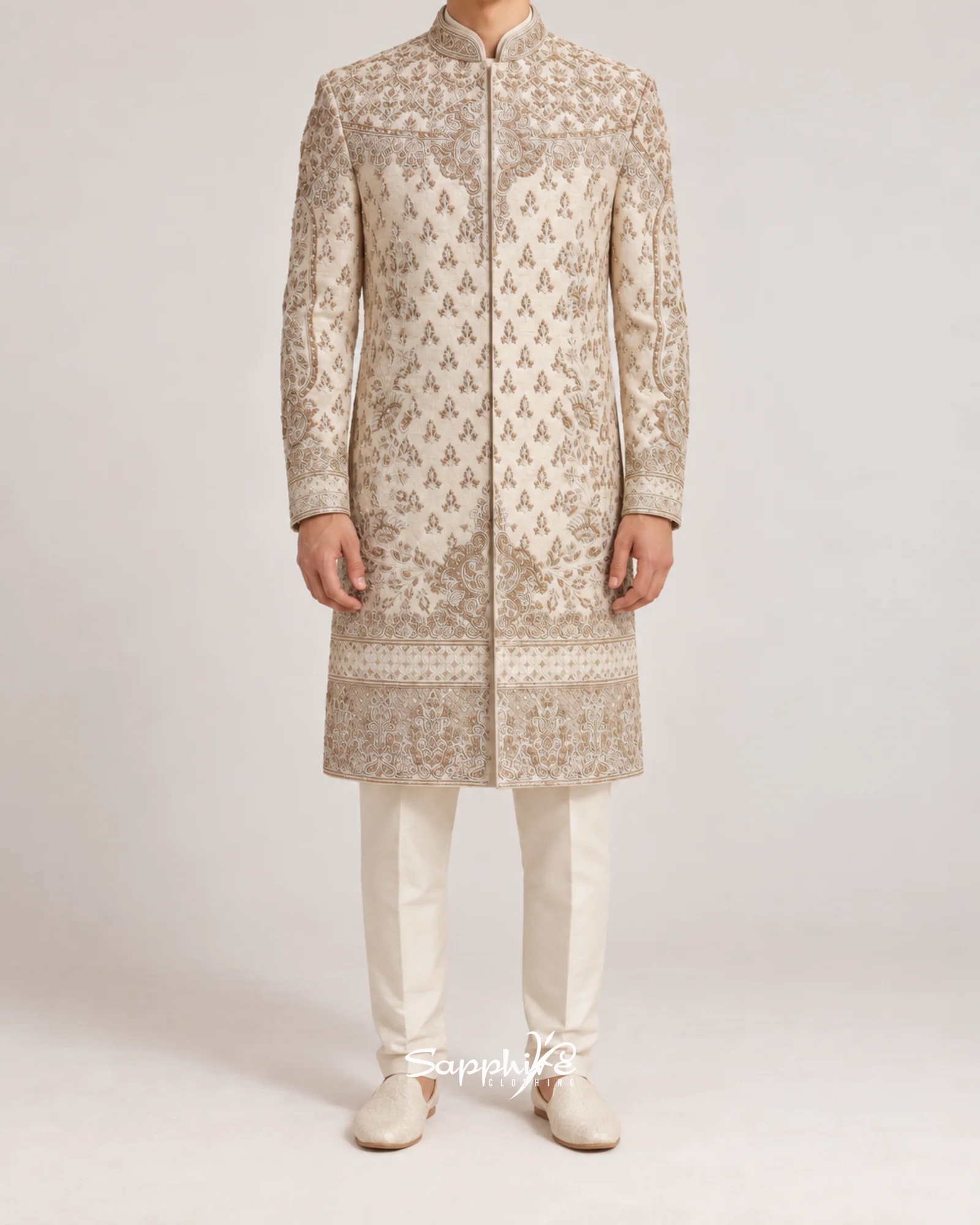Ivory Mehran Embroidered Groom Sherwani Set detail 1
