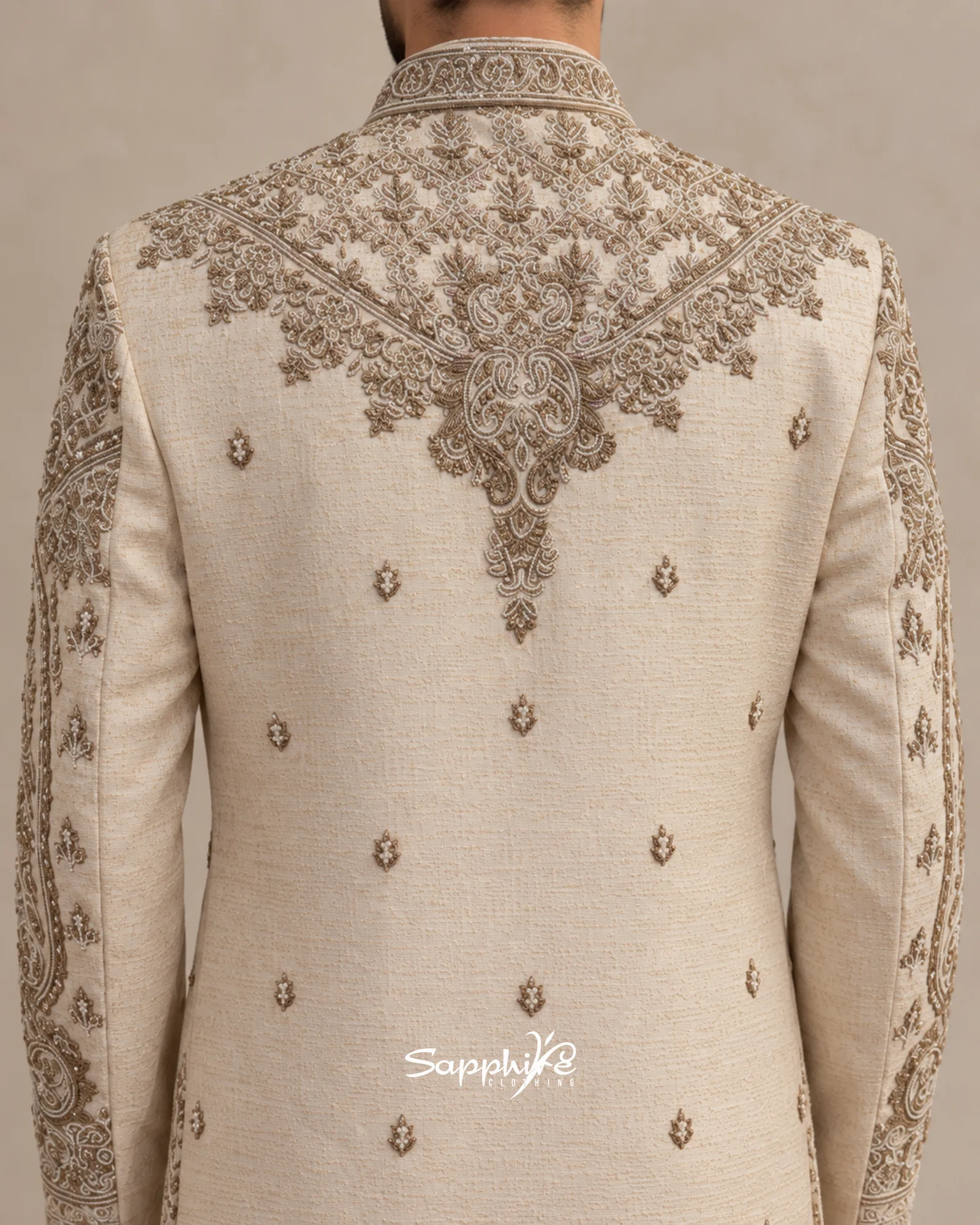 Ivory Mehran Embroidered Groom Sherwani Set detail 4