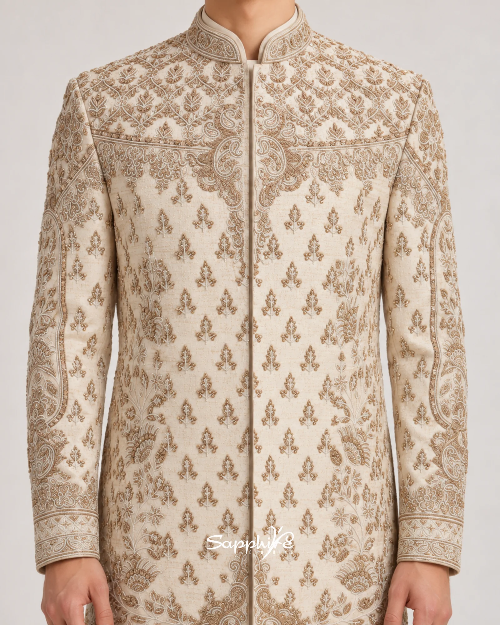 Ivory Mehran Embroidered Groom Sherwani Set detail 5