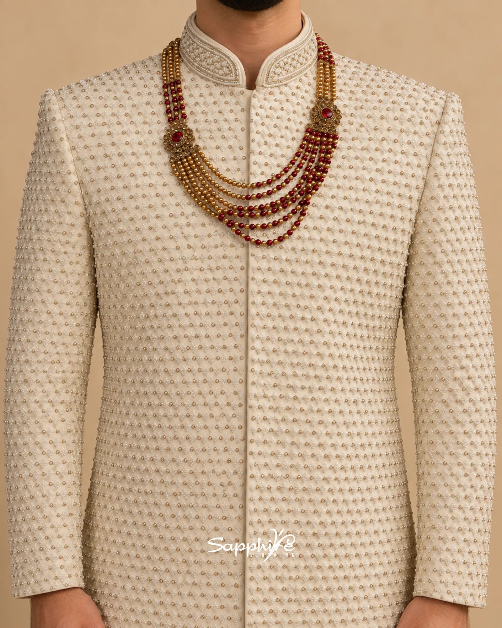 Ivory Amaan Textured Groom Sherwani Set detail 3