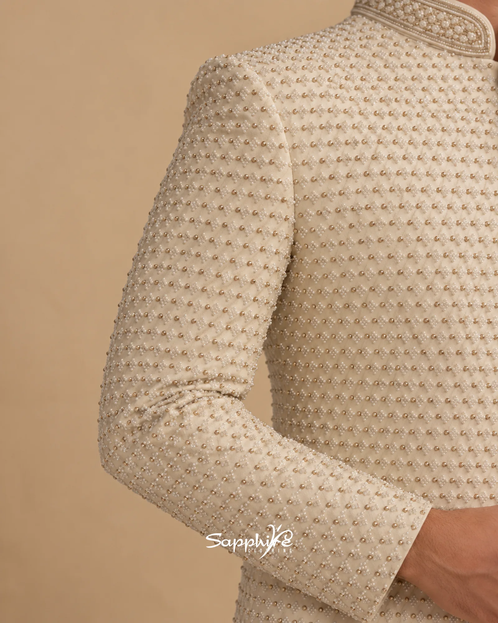 Ivory Amaan Textured Groom Sherwani Set detail 5
