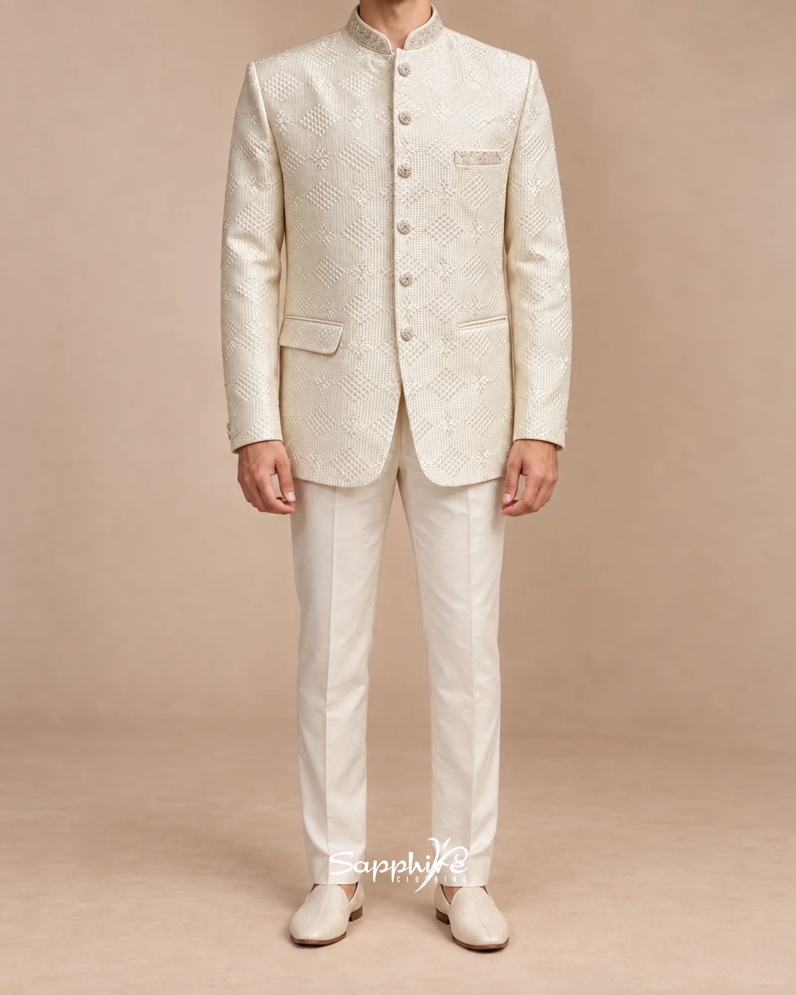 Ivory Crest Jacquard Three-Piece Formal Suit detail 1