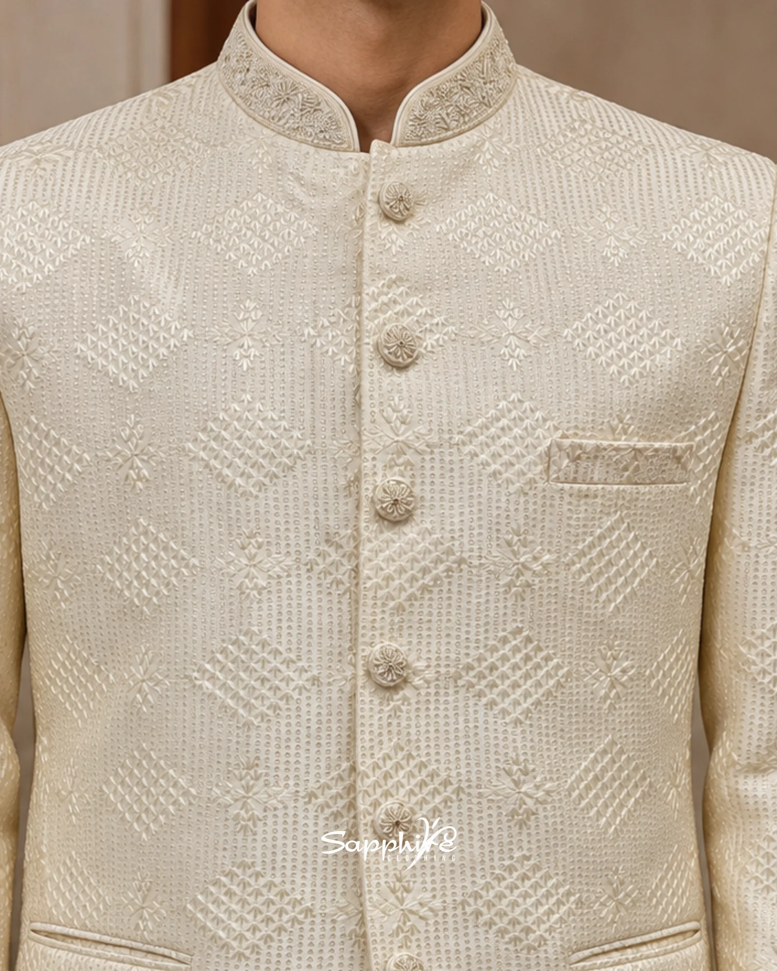 Ivory Crest Jacquard Three-Piece Formal Suit detail 3