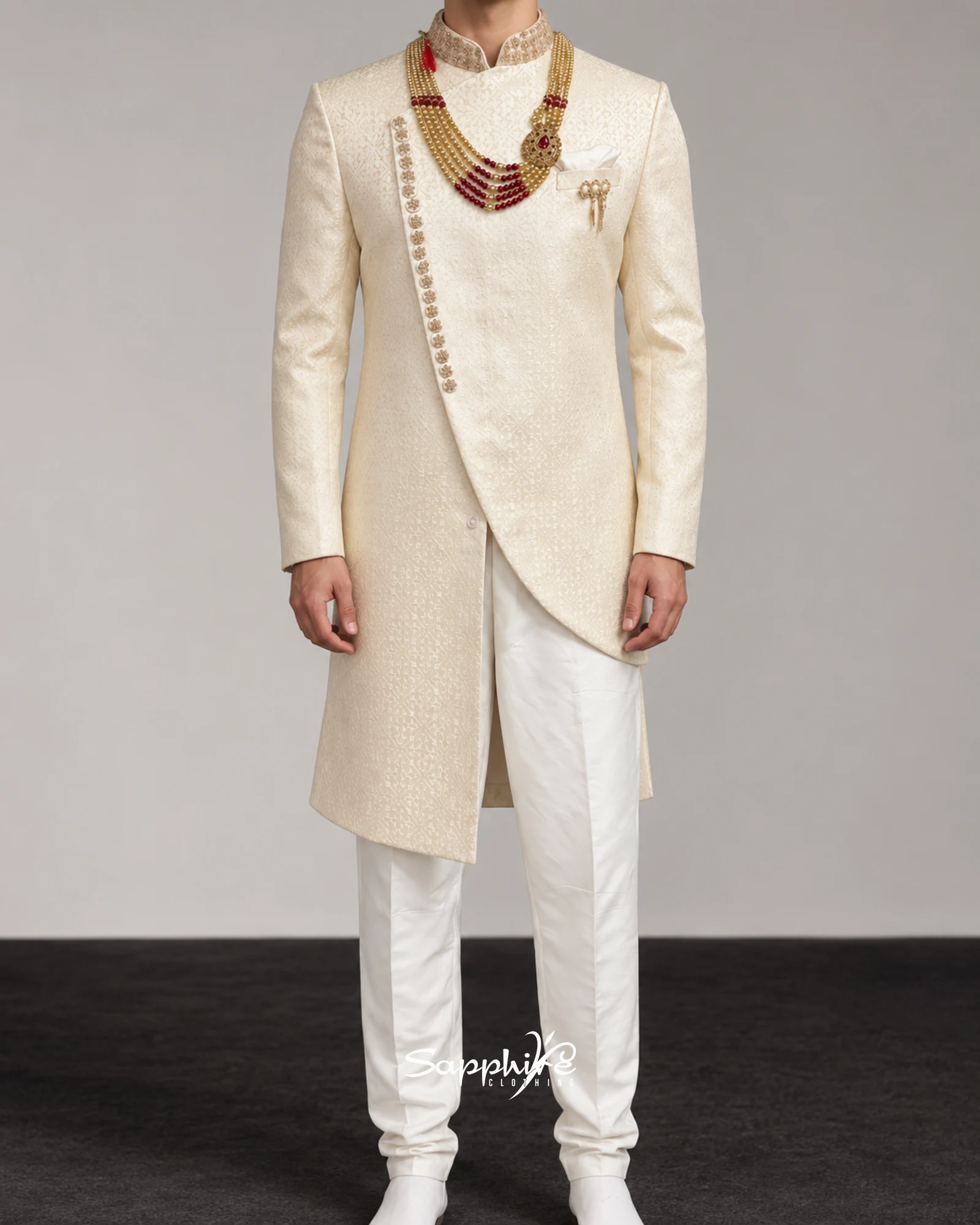 Ivory Armaan Asymmetric Groom Sherwani Set detail 1