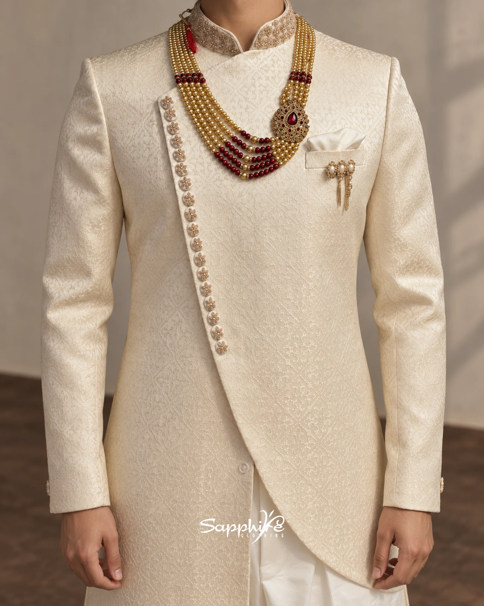 Ivory Armaan Asymmetric Groom Sherwani Set detail 3