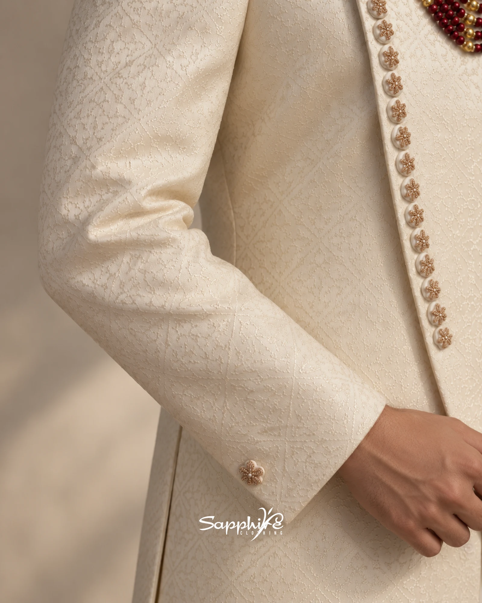 Ivory Armaan Asymmetric Groom Sherwani Set detail 4