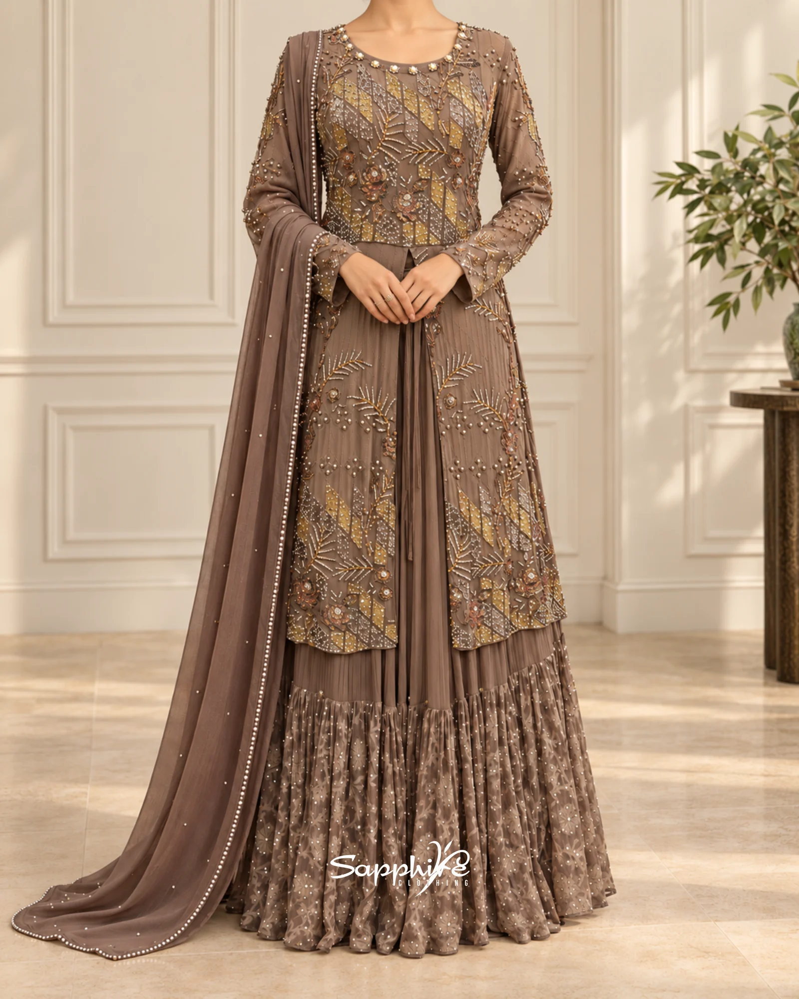 Mocha Amara Embellished Sharara Set detail 1