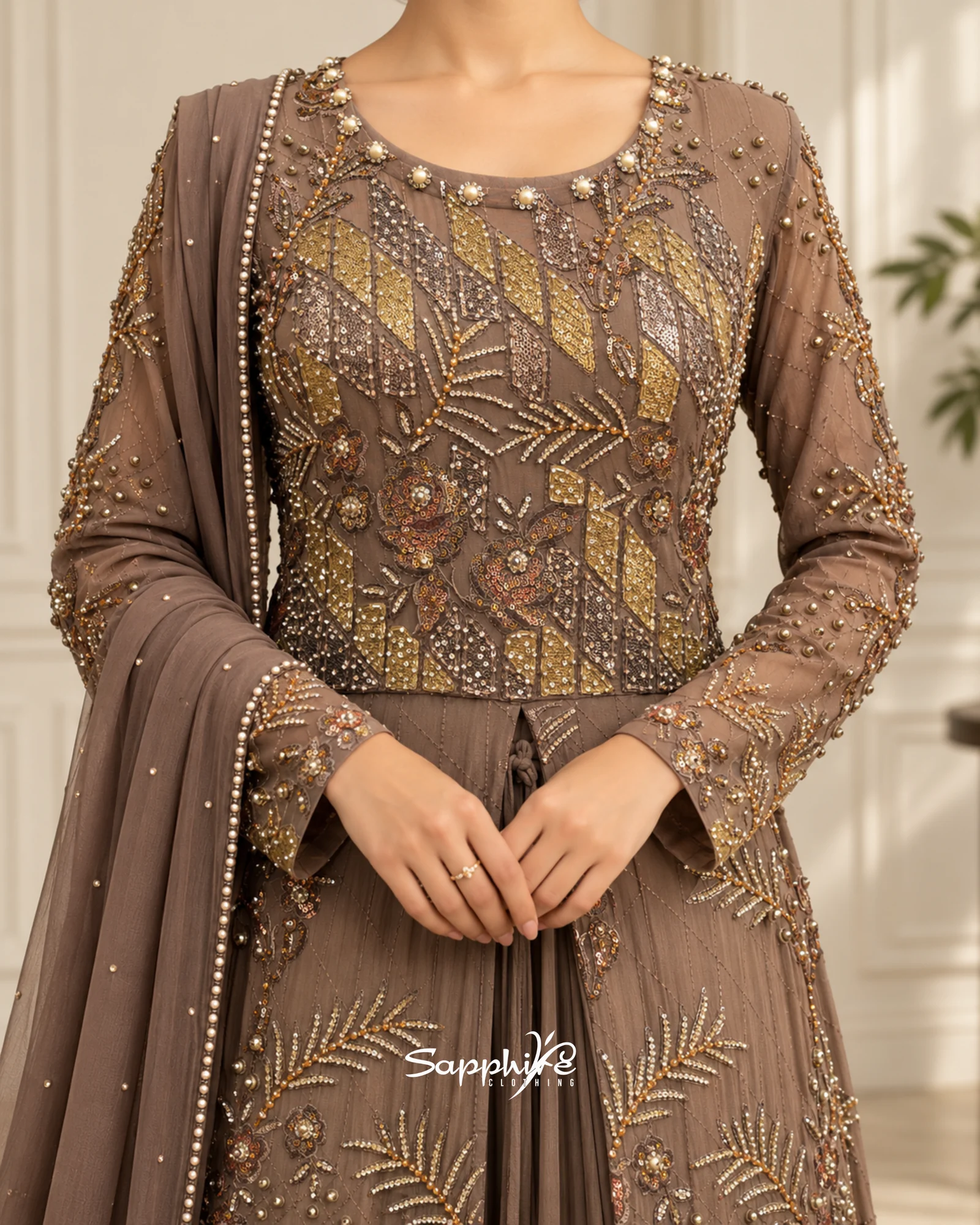 Mocha Amara Embellished Sharara Set detail 3