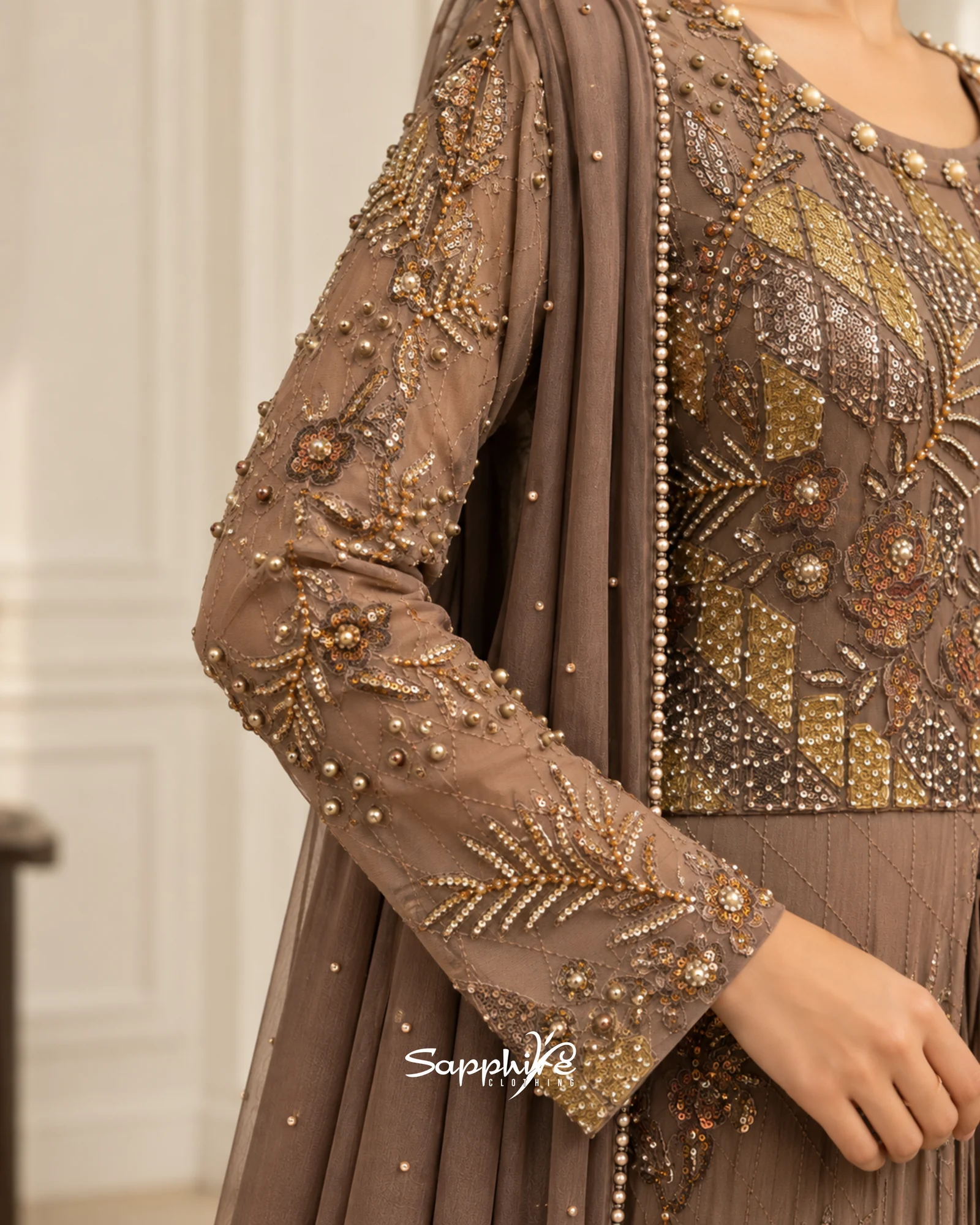 Mocha Amara Embellished Sharara Set detail 4
