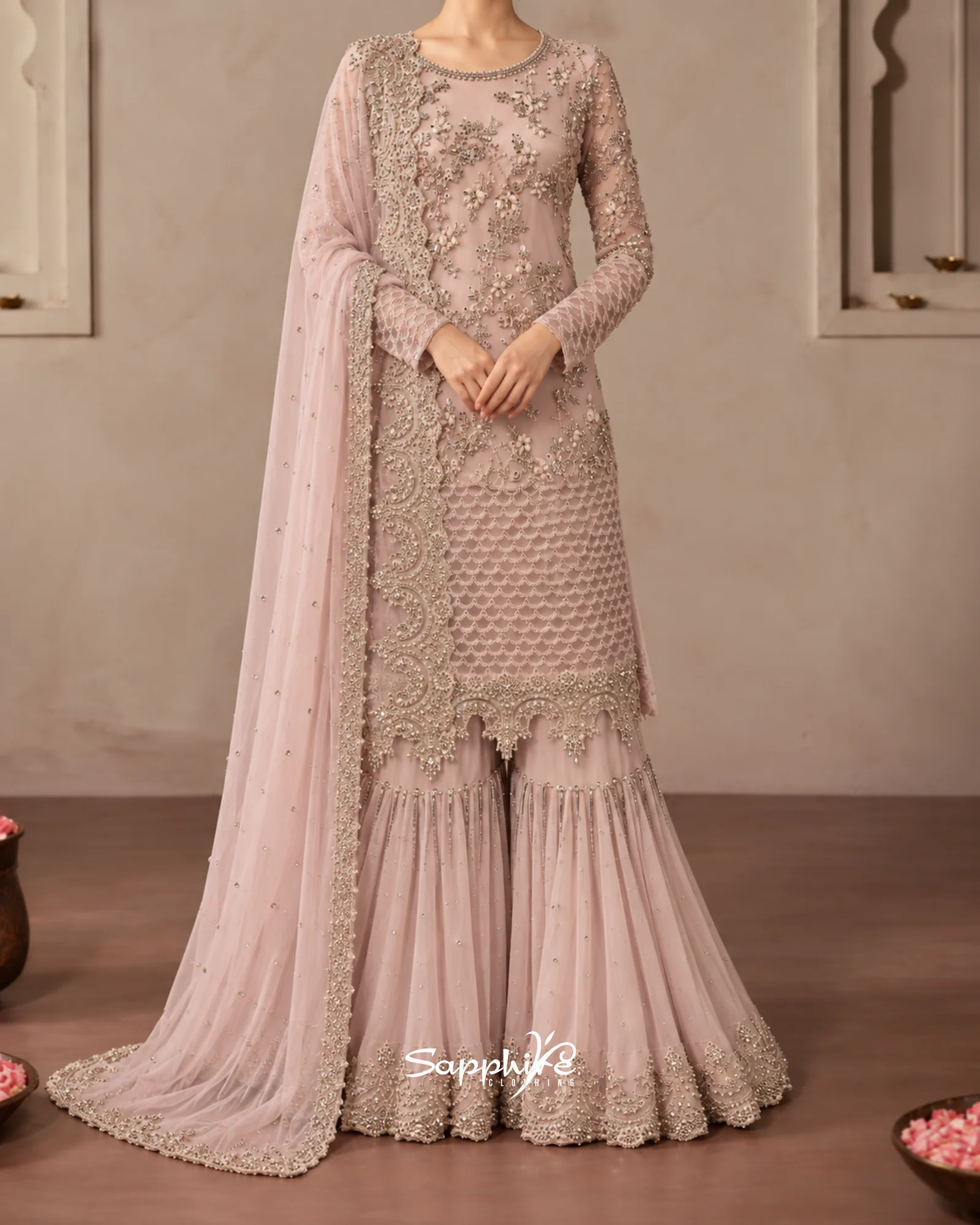 Blush Mehr gharara set in Sapphire Clothing Blackburn women’s occasionwear collection