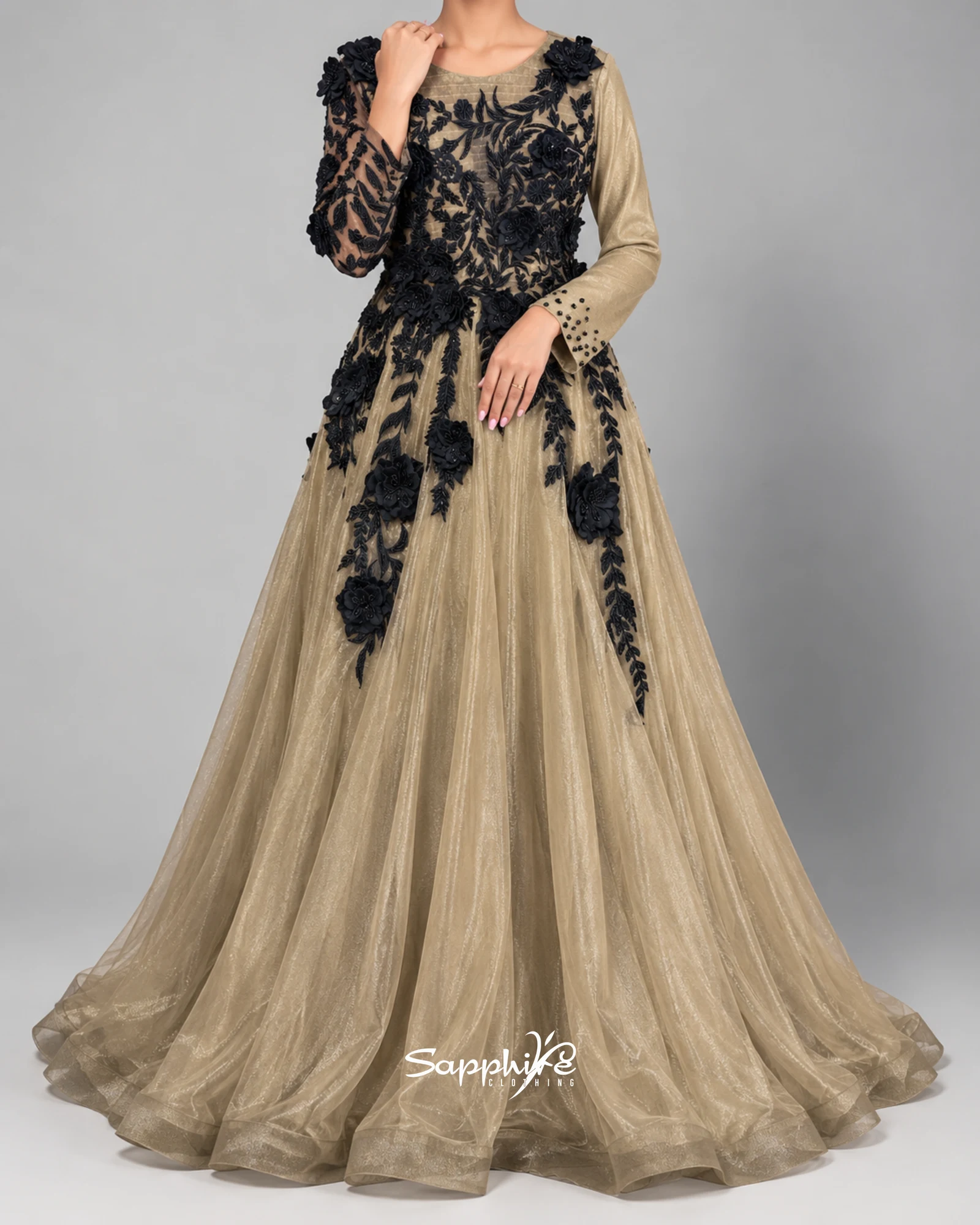 Onyx Bloom Champagne Gown detail 1