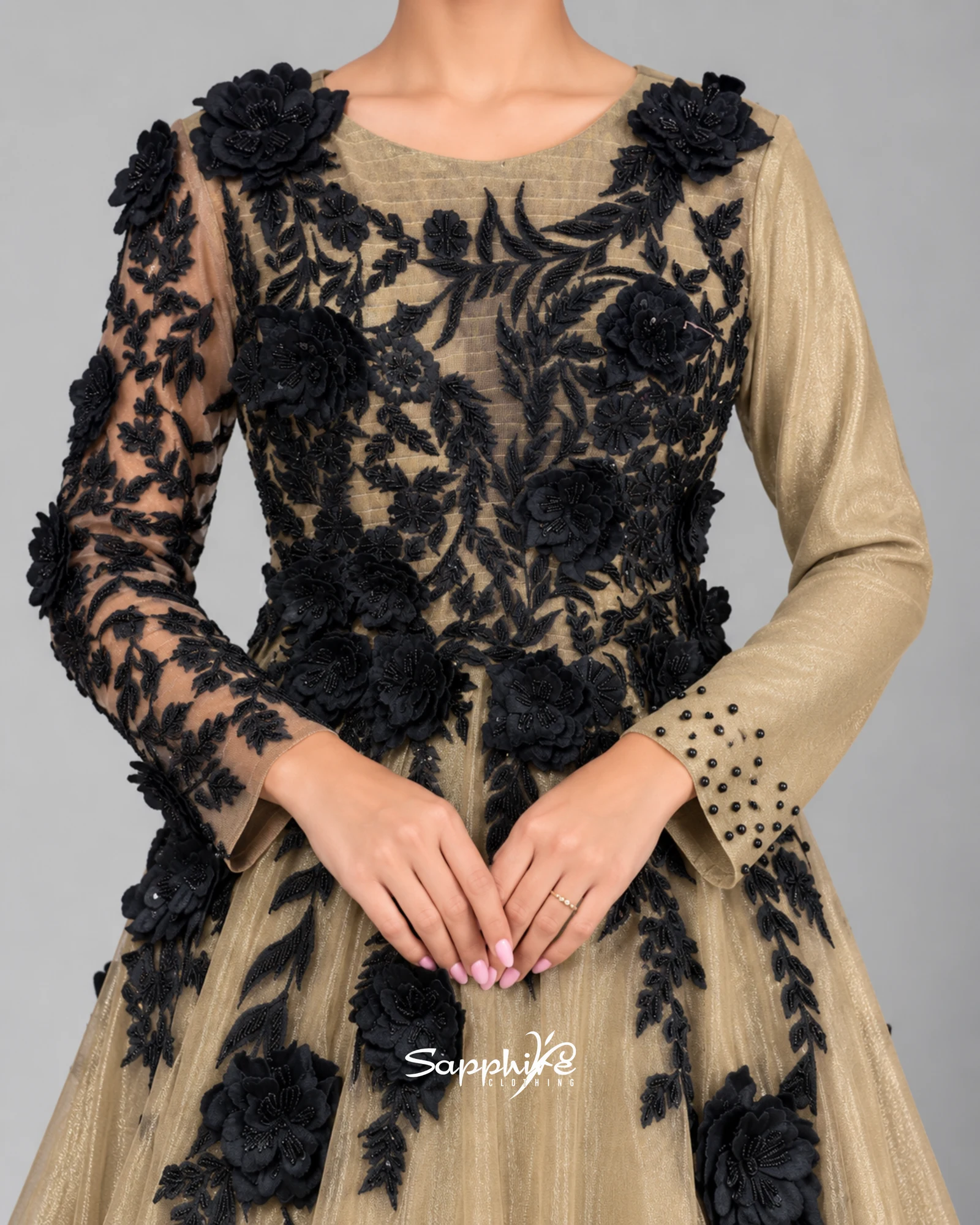 Onyx Bloom Champagne Gown detail 3