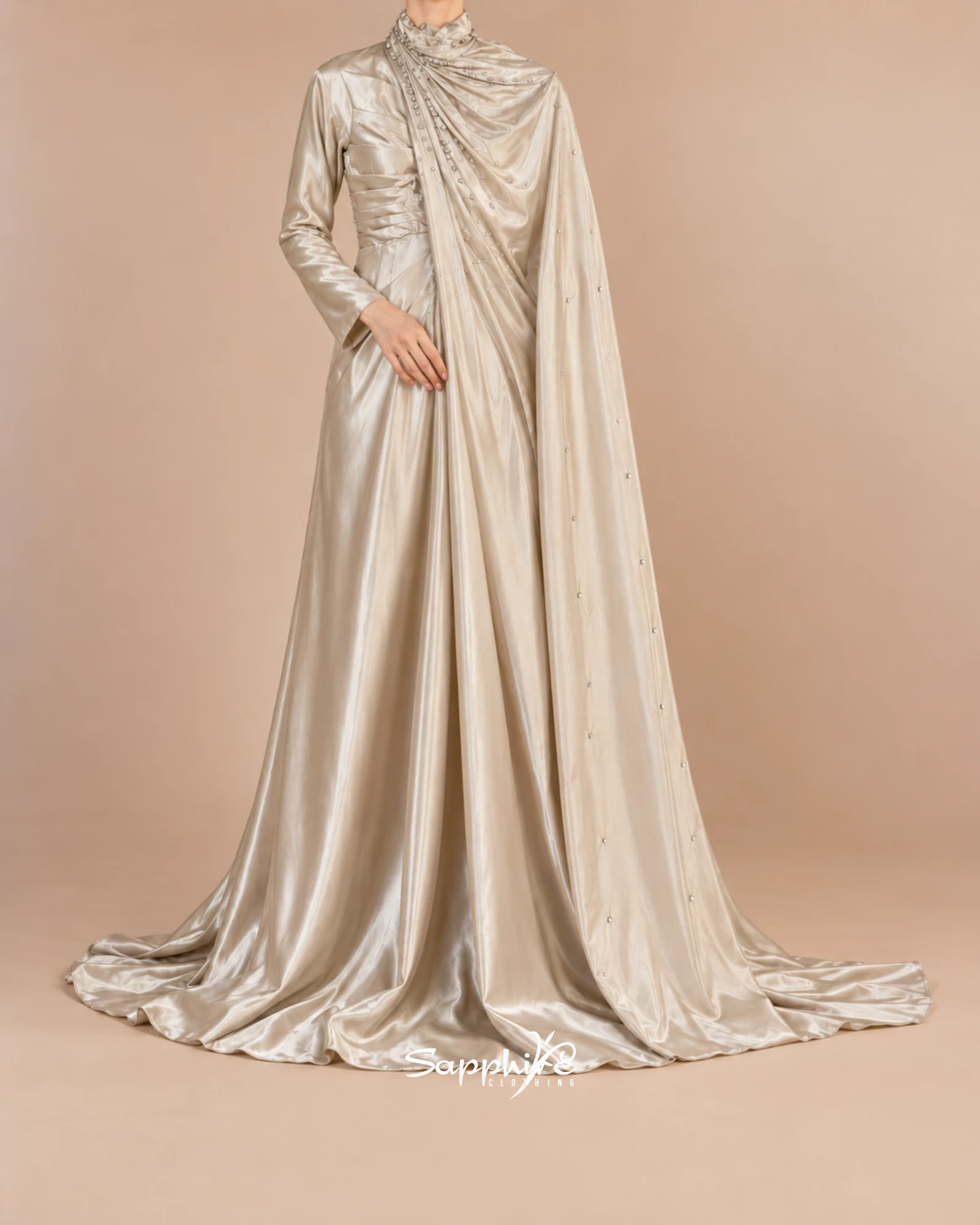 Ivory Drape Satin Gown detail 1