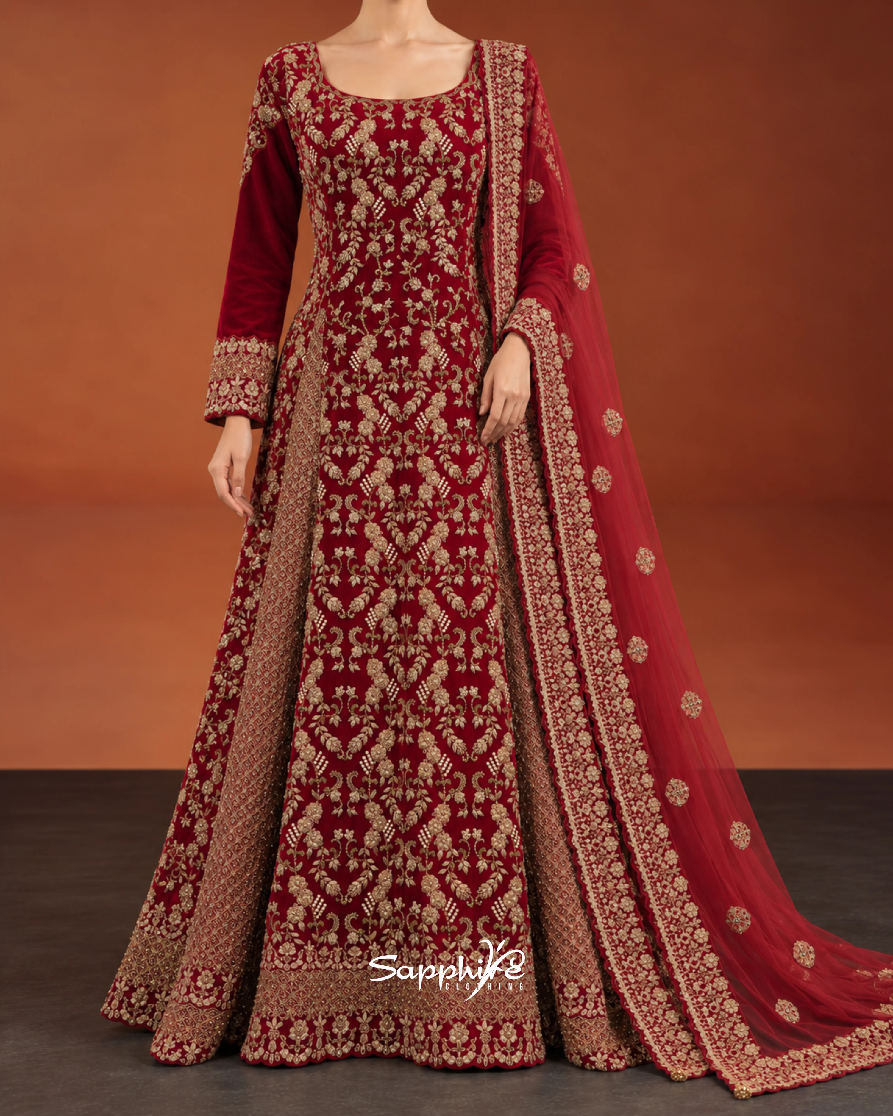 Crimson Aurelia Embroidered Bridal Gown Set detail 1