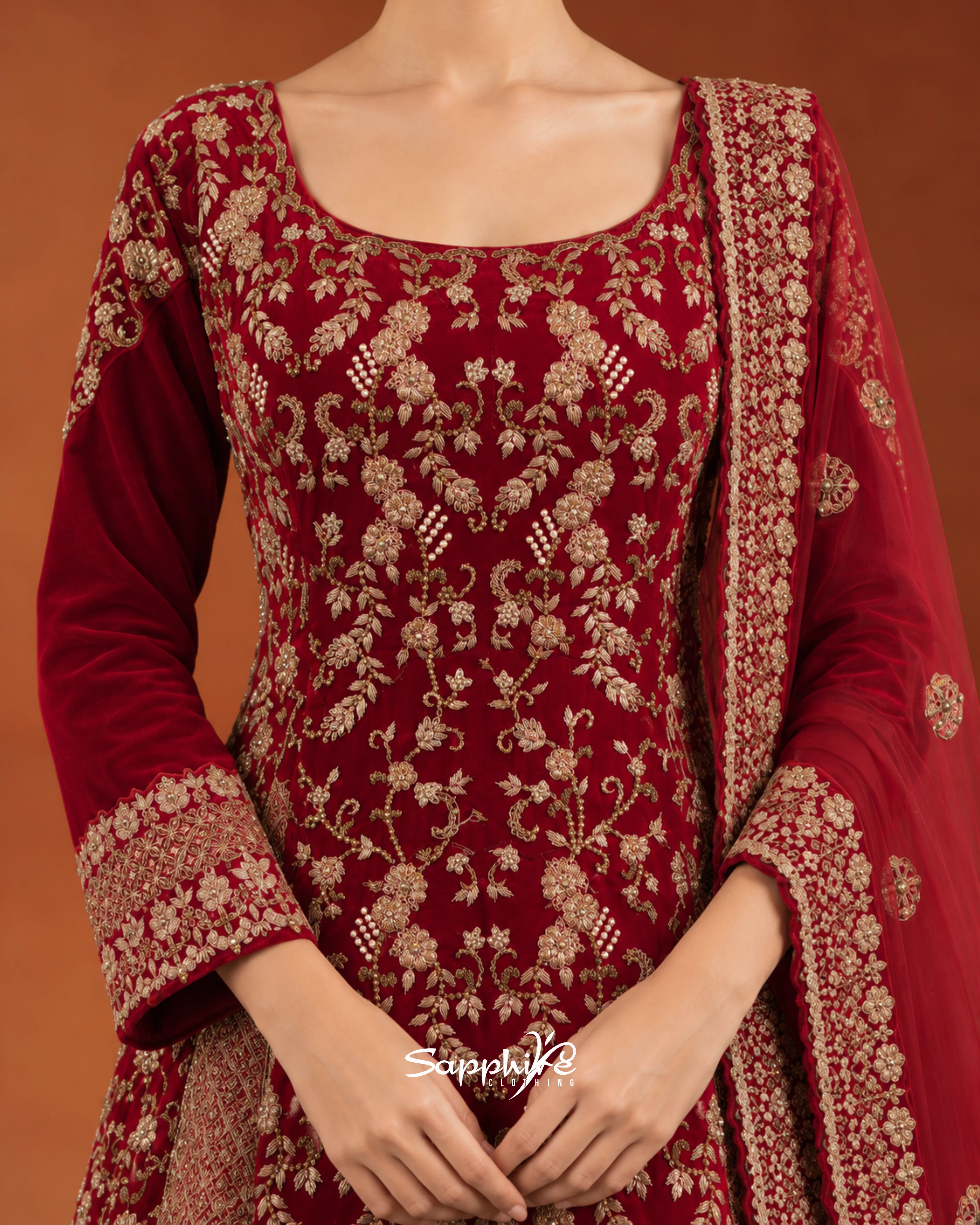 Crimson Aurelia Embroidered Bridal Gown Set detail 4
