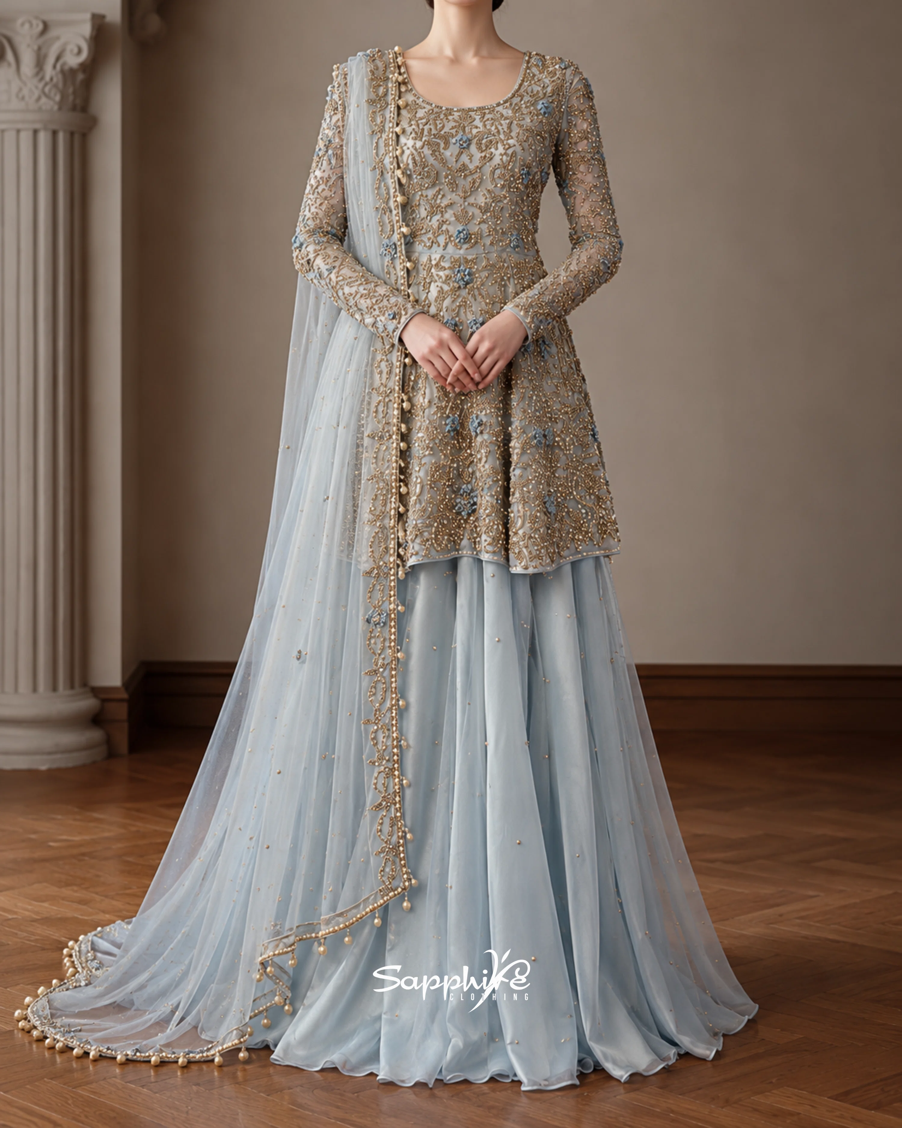 Powder Blue Rania Embellished Sharara Set detail 1