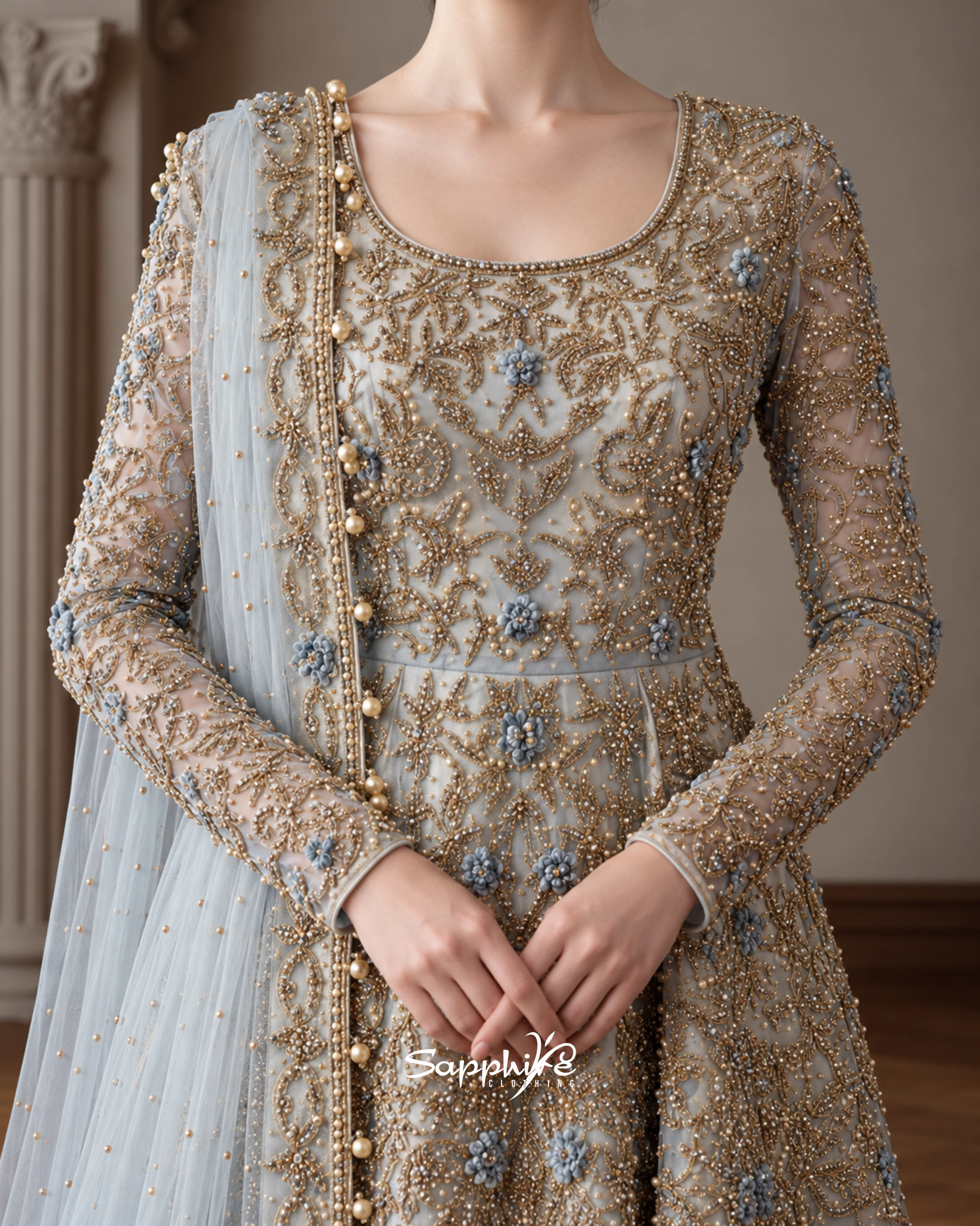 Powder Blue Rania Embellished Sharara Set detail 3