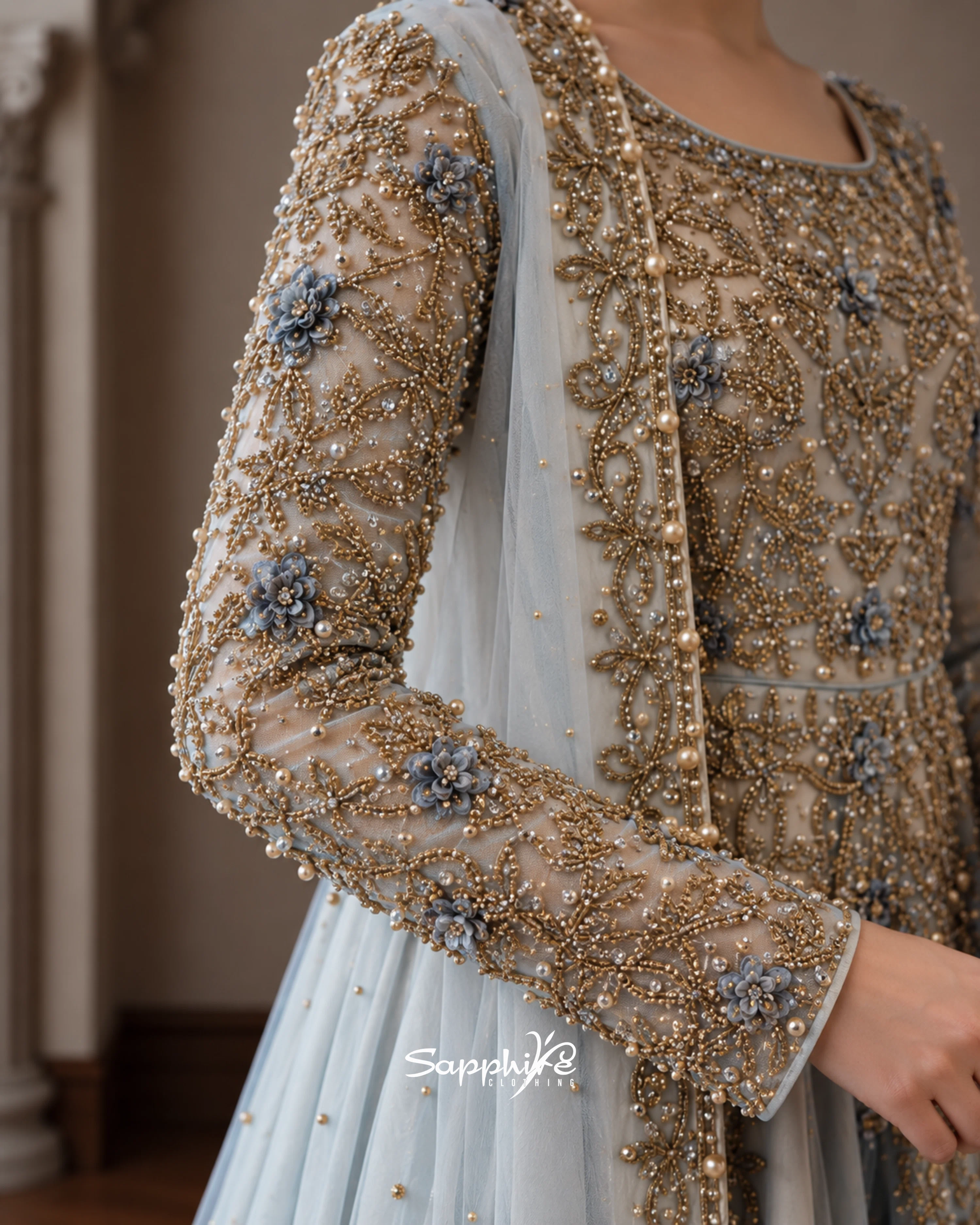 Powder Blue Rania Embellished Sharara Set detail 4