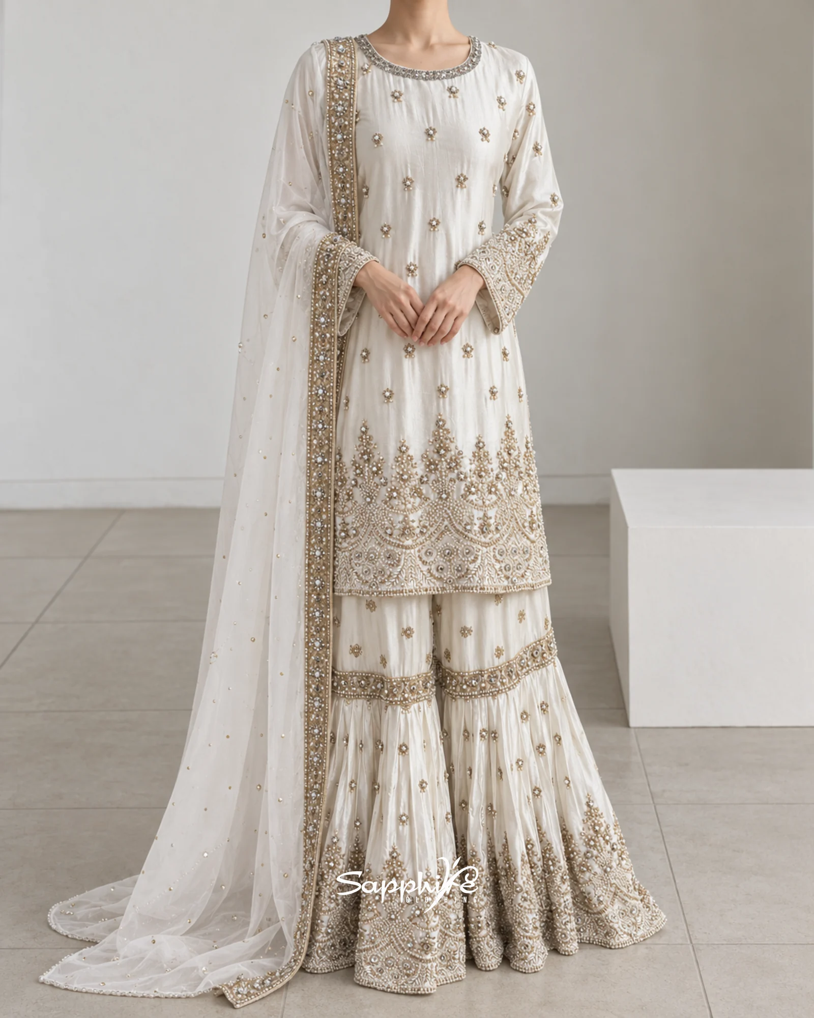 Ivory Noor Pearl Embellished Gharara Set detail 1
