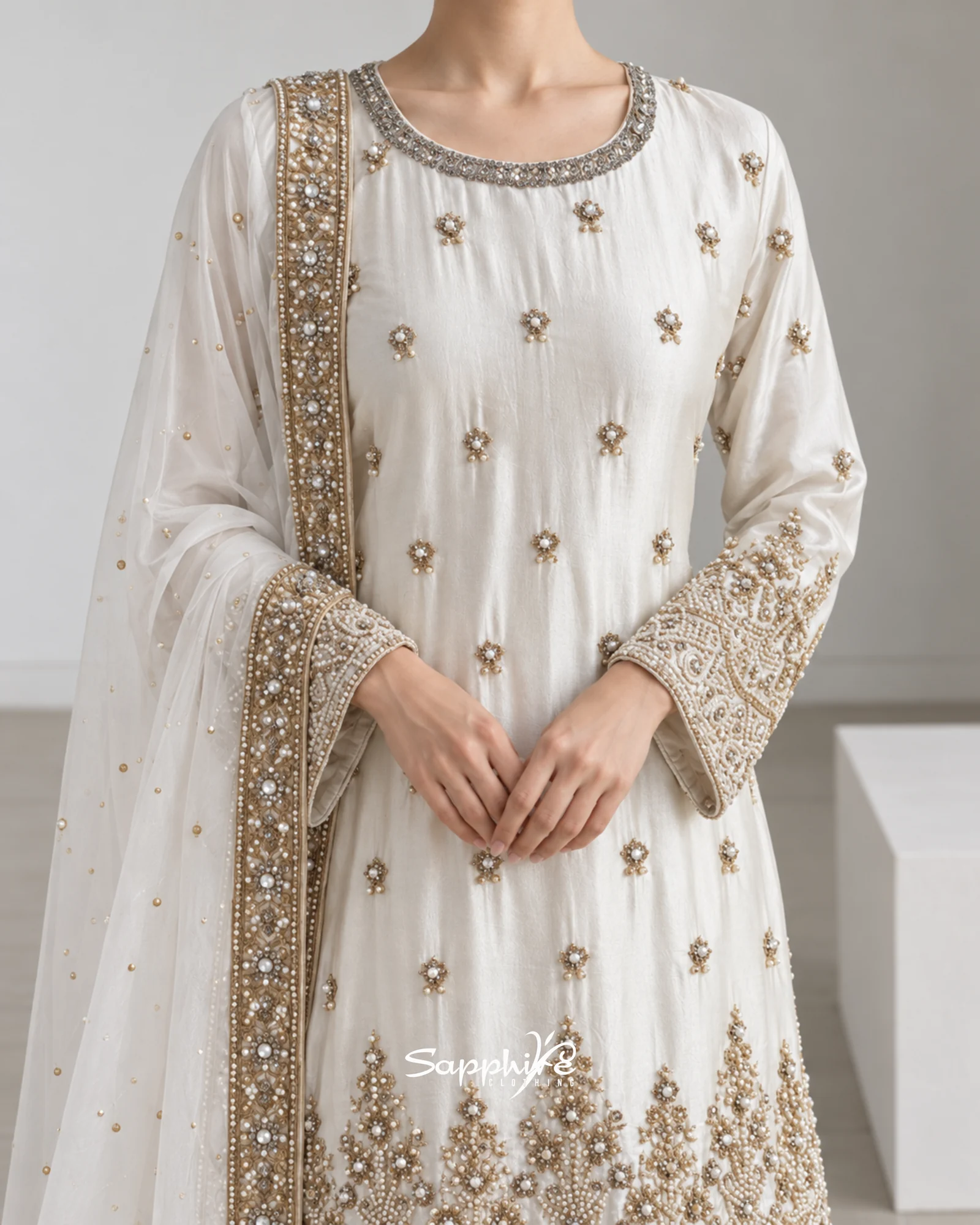 Ivory Noor Pearl Embellished Gharara Set detail 3