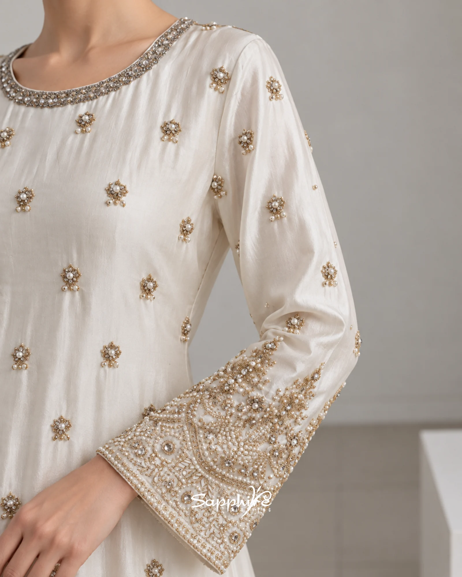 Ivory Noor Pearl Embellished Gharara Set detail 4