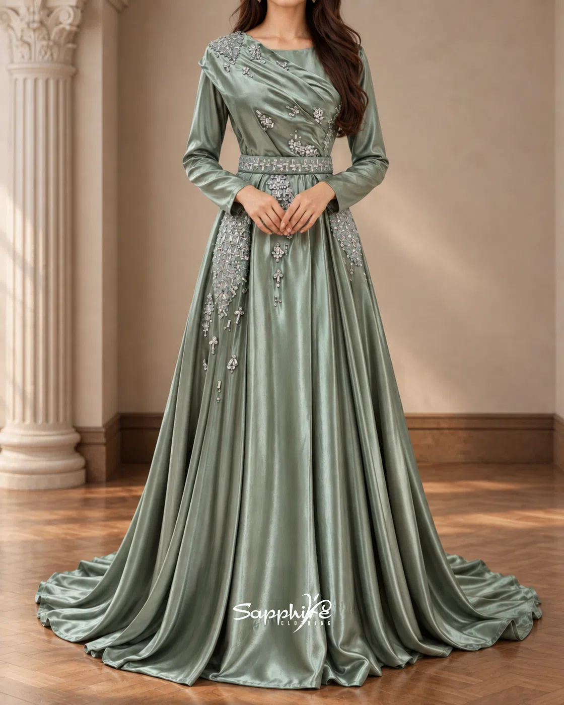 Sage Elan Crystal Draped Gown detail 1