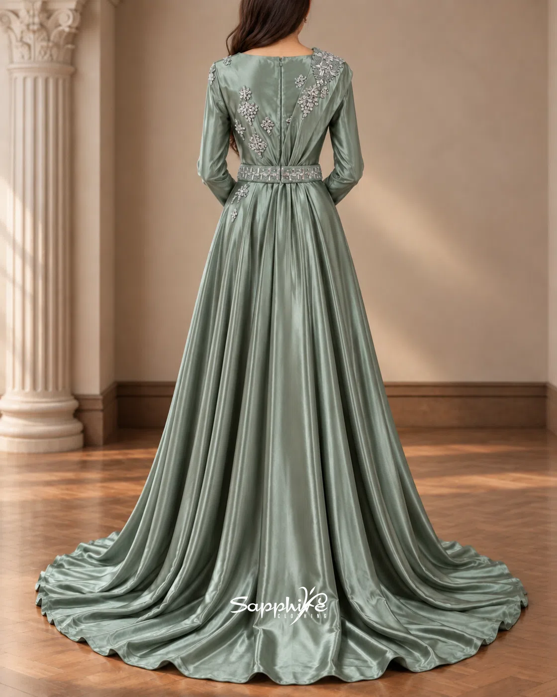 Sage Elan Crystal Draped Gown detail 2