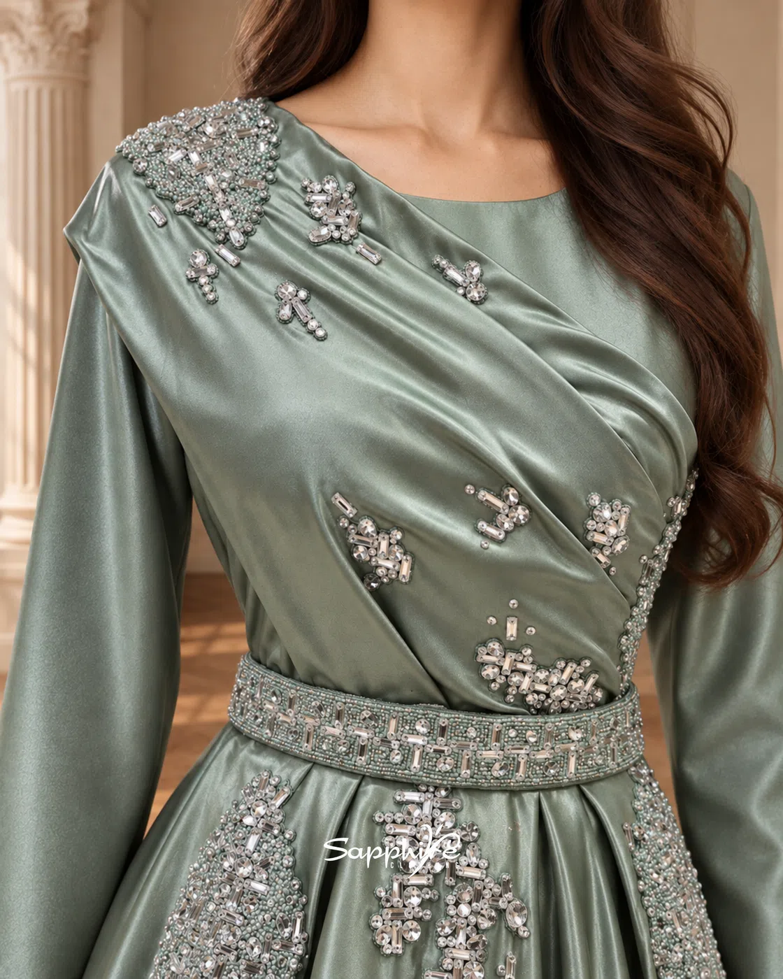 Sage Elan Crystal Draped Gown detail 3