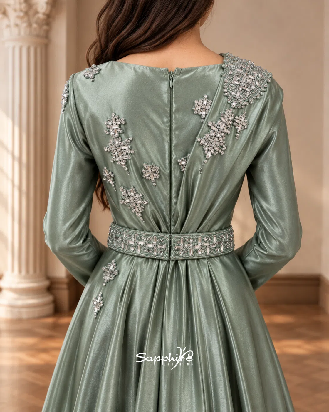 Sage Elan Crystal Draped Gown detail 4