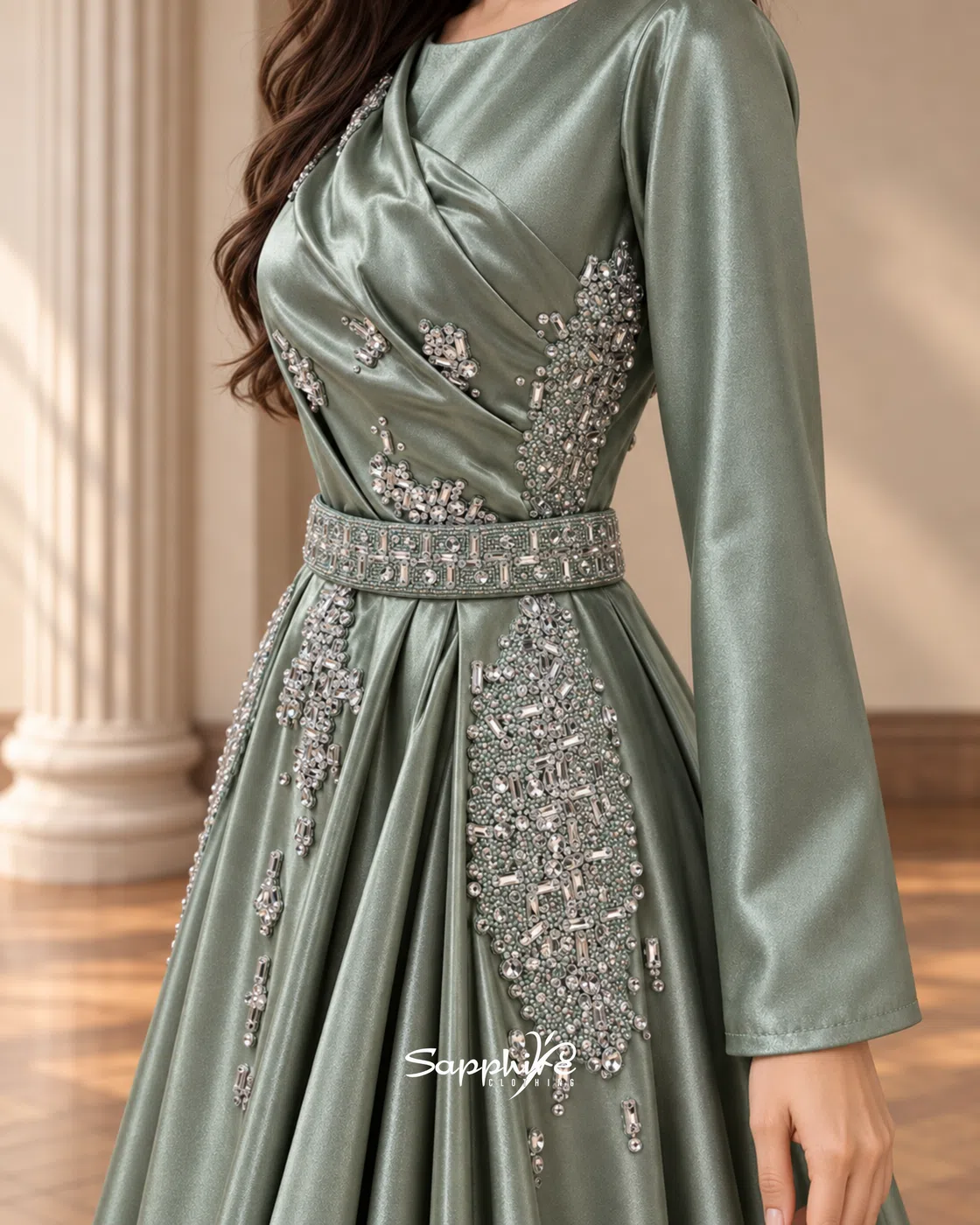 Sage Elan Crystal Draped Gown detail 5
