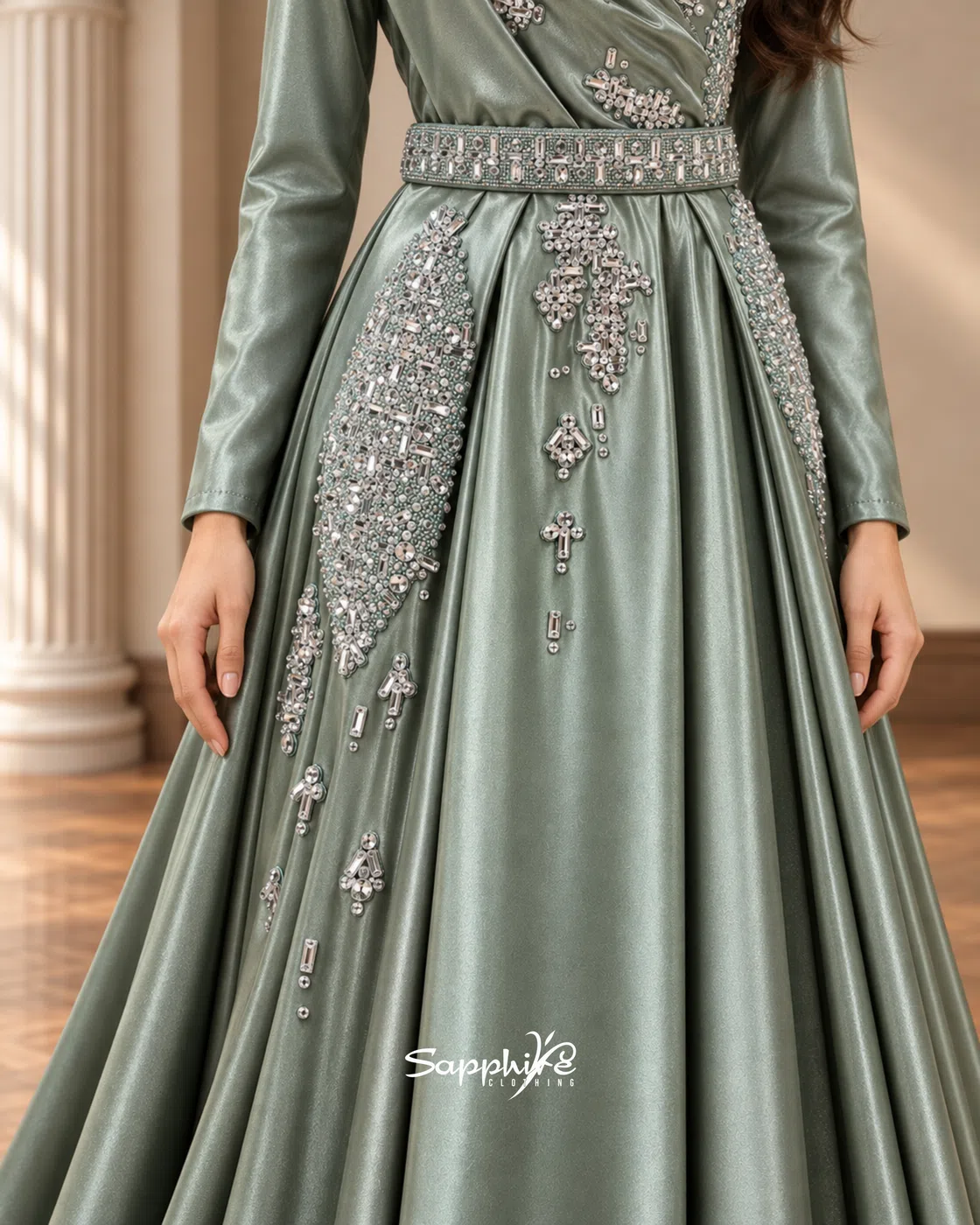 Sage Elan Crystal Draped Gown detail 6