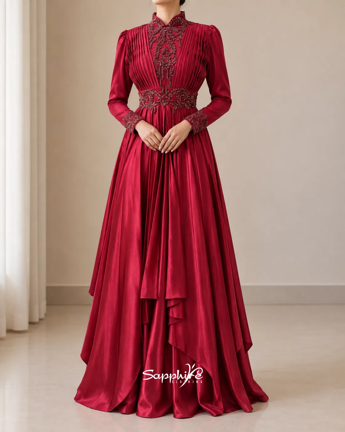 Crimson Empress Pleated Embellished Gown detail 1