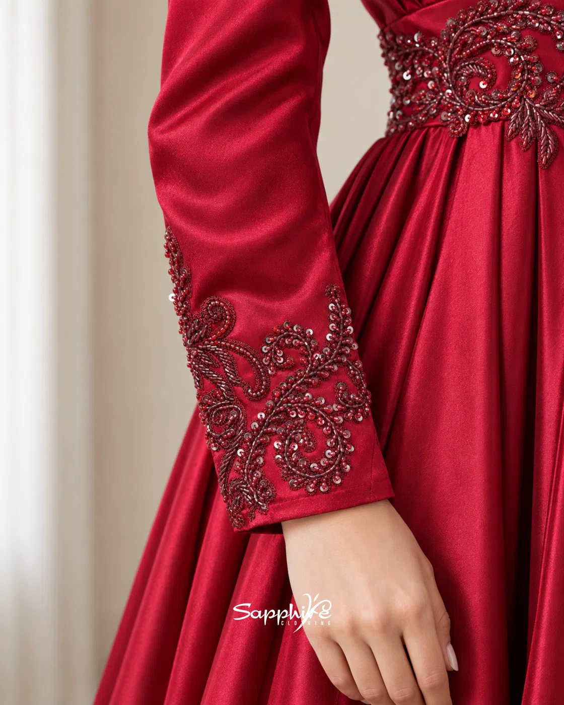 Crimson Empress Pleated Embellished Gown detail 5