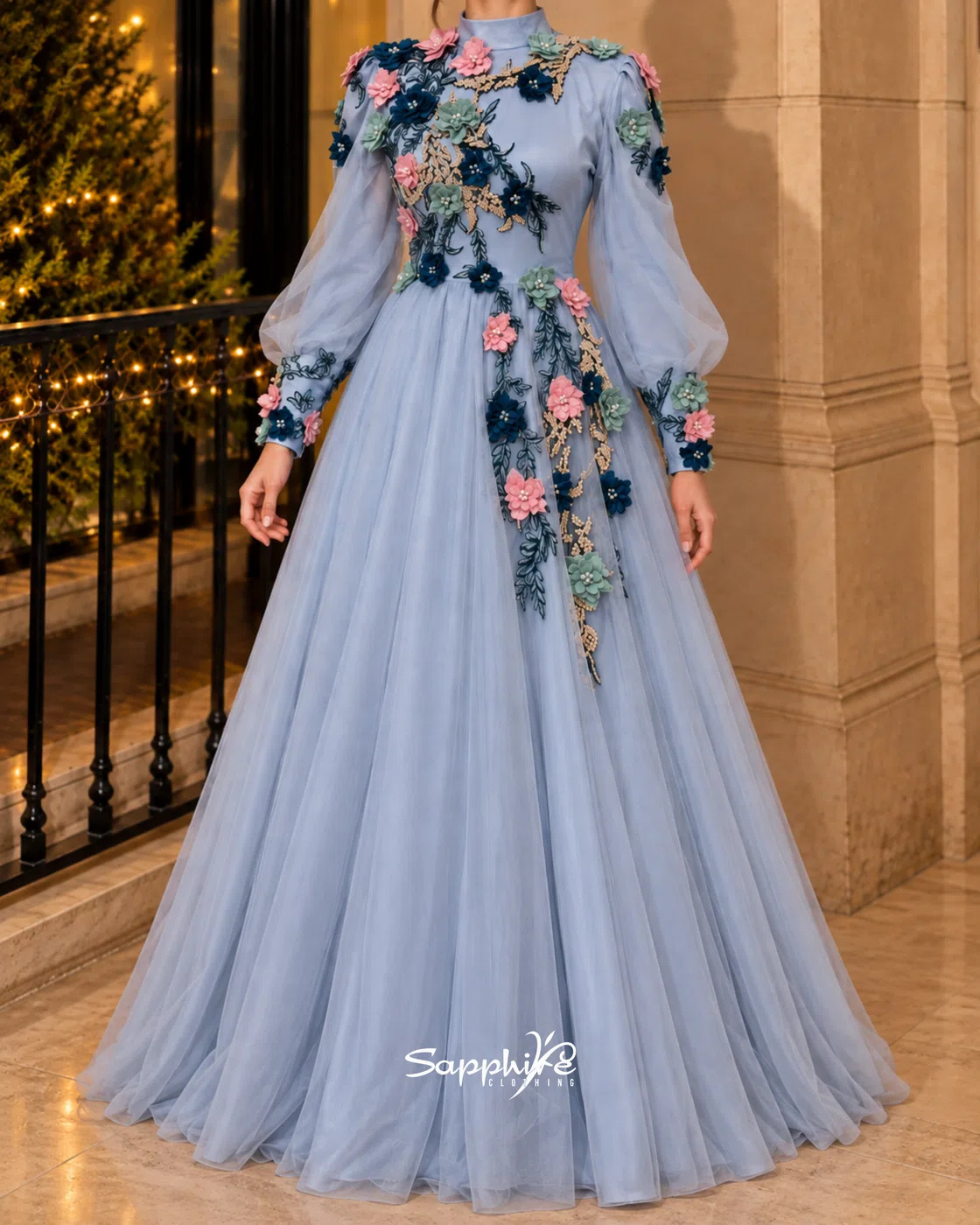 Celestia Blue formal gown in Sapphire Clothing Blackburn gown collection