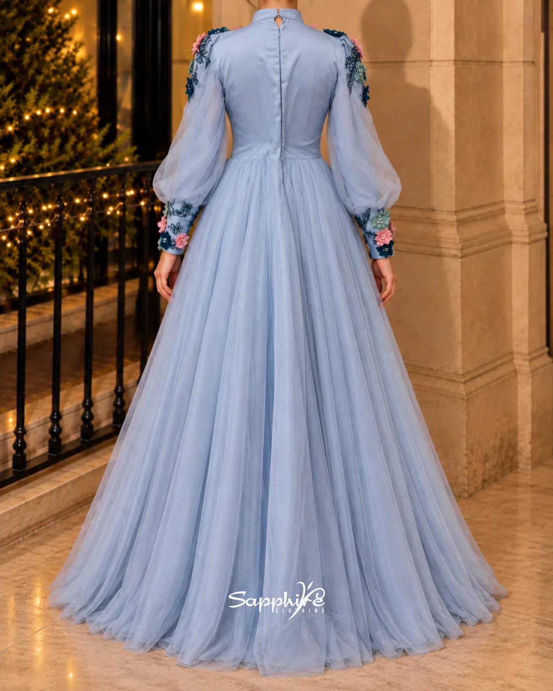 Celestia Blue 3D Floral Tulle Gown detail 2