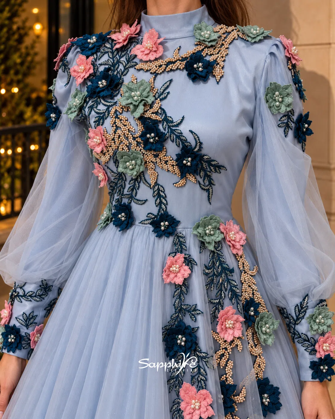 Celestia Blue 3D Floral Tulle Gown detail 3