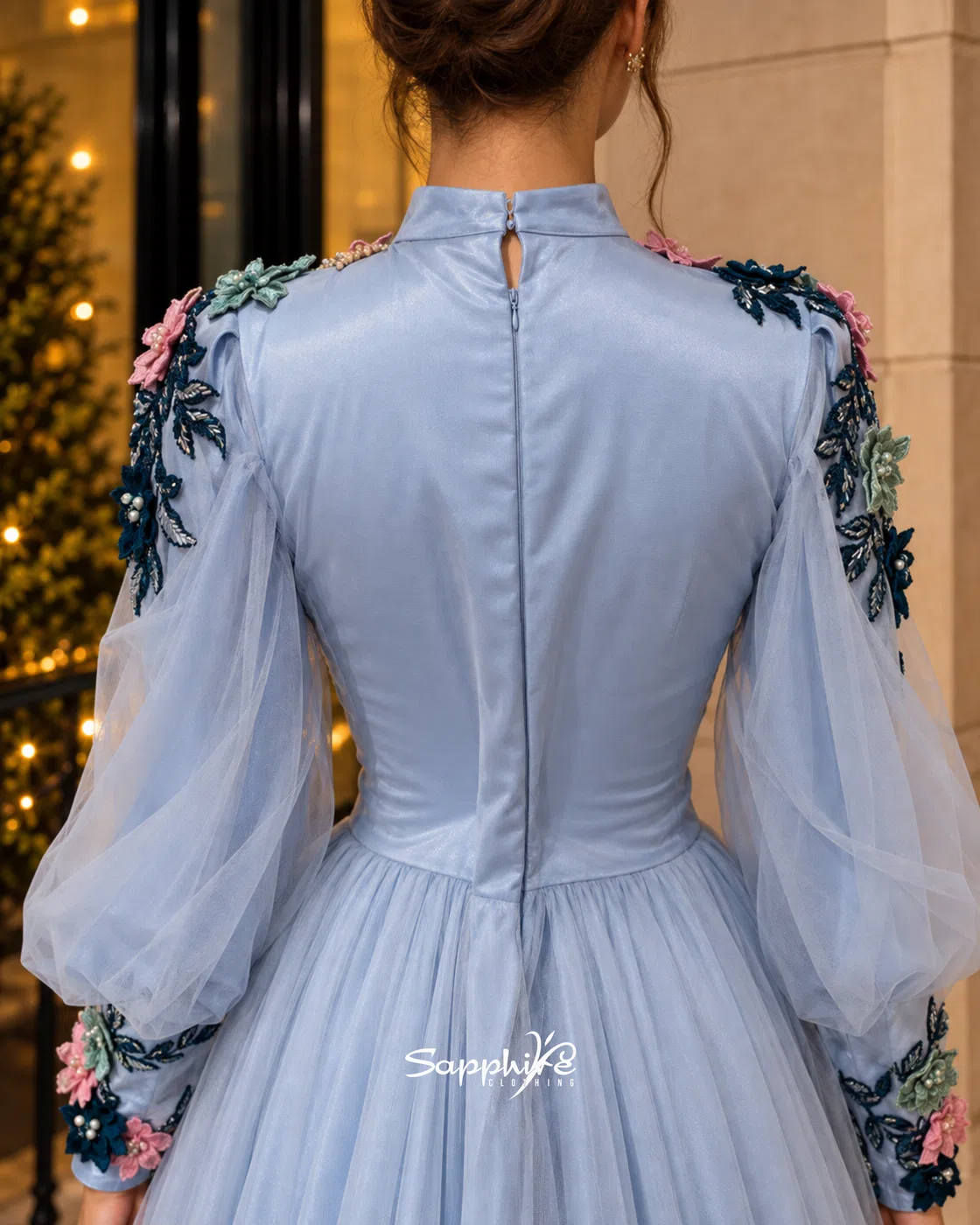 Celestia Blue 3D Floral Tulle Gown detail 4