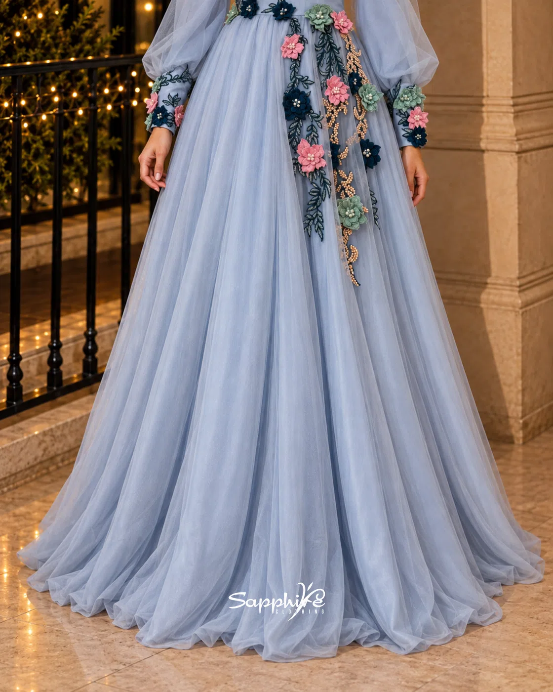 Celestia Blue 3D Floral Tulle Gown detail 5